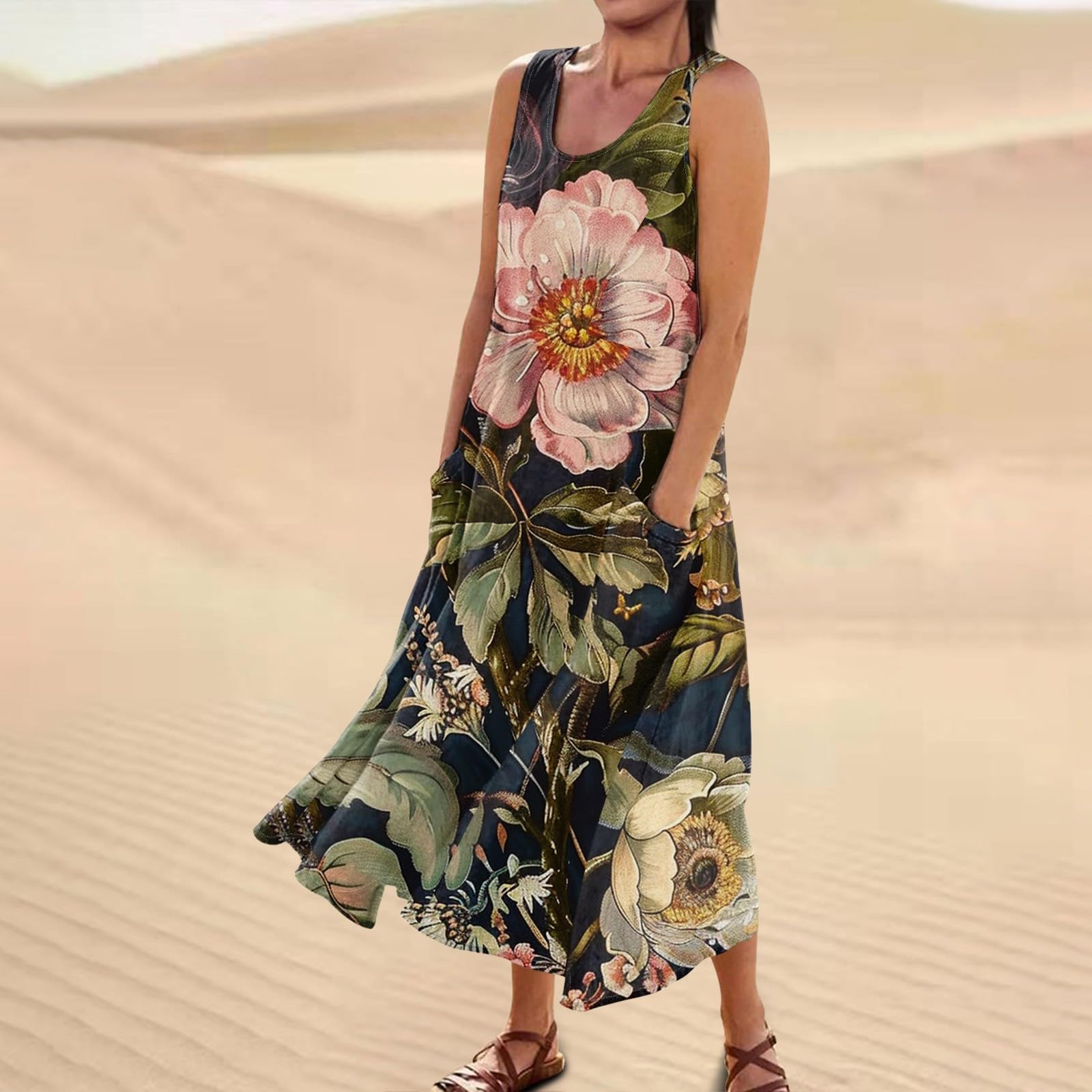 Femme Robe Longue Imprimé Floral Maxi Robe Bohème avec Poches sans Manches Grande Taille Pas Cher Chic éLégant Robe Fluide Tailles S à 3XL