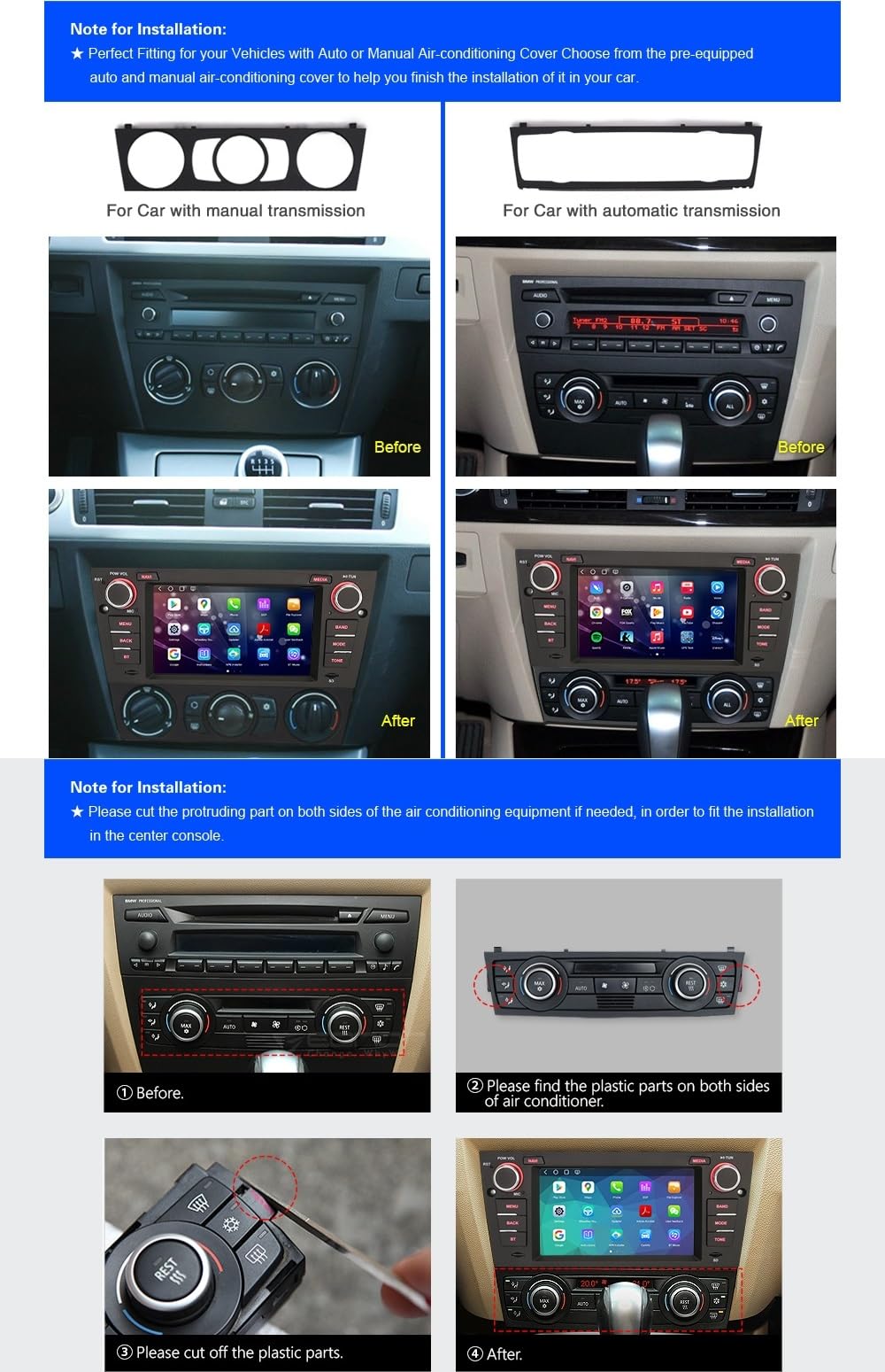 Android 14 Qualcomm 4GB 64GB Radio Coche CarPlay & Android Auto para BMW Serie 3 E90 Berlina E91 Touring E92 Cupé E93 M3 Bluetooth 5.1 Pantalla Táctil Navegador GPS SWC WiFi Canbus Dab+DVR
