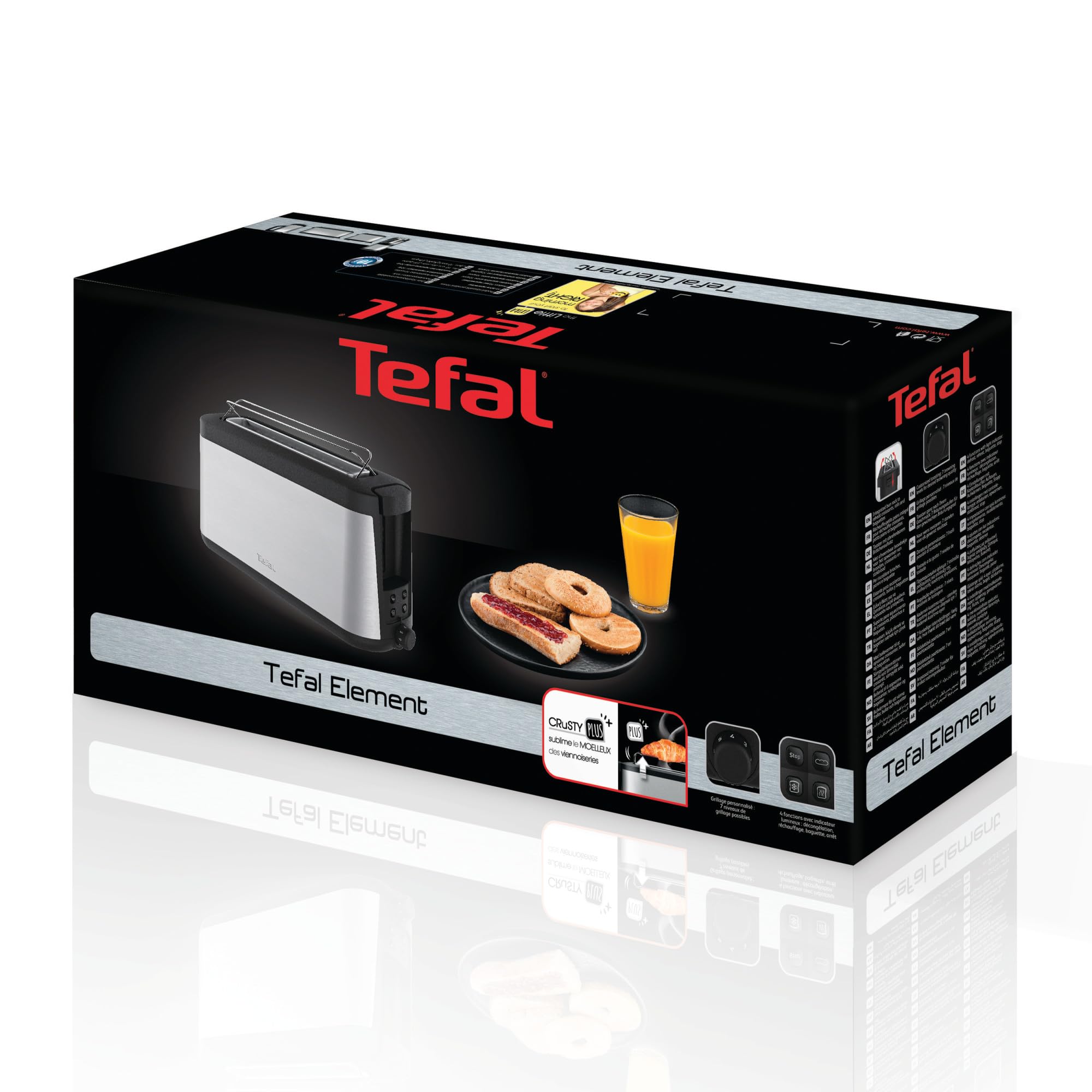 Tefal Element, Grille-pain, Fente longue, Grille-pain inox noir avec support à viennoiseries, Fonctions Réchauffage et Décongélation, TL430811