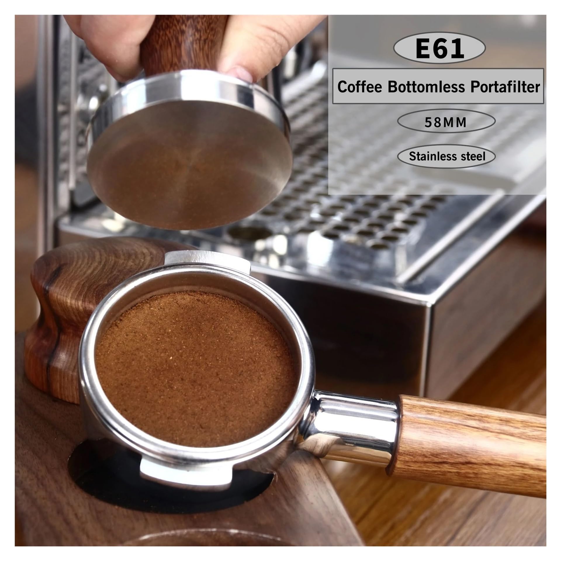 eufeifeiegds Portafiltro sin fondo de 58 mm for cafeteras espresso EXPOBAR E61 de dos asas con filtro. Accesorios for cafeteras espresso.(58MM E61 Beech)