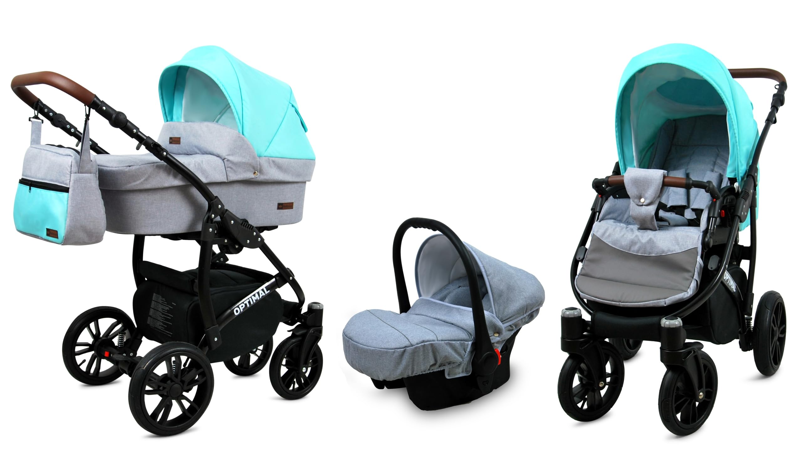 BabyLux® Bambini Passeggino Completo Set 3 in 1 - Optimal - incl. Navicella, Canna, Seggiolino Auto - Carrozzina Neonati Sistema Combinato - con Borsa fasciatoio, Copertura antipioggia ecc.