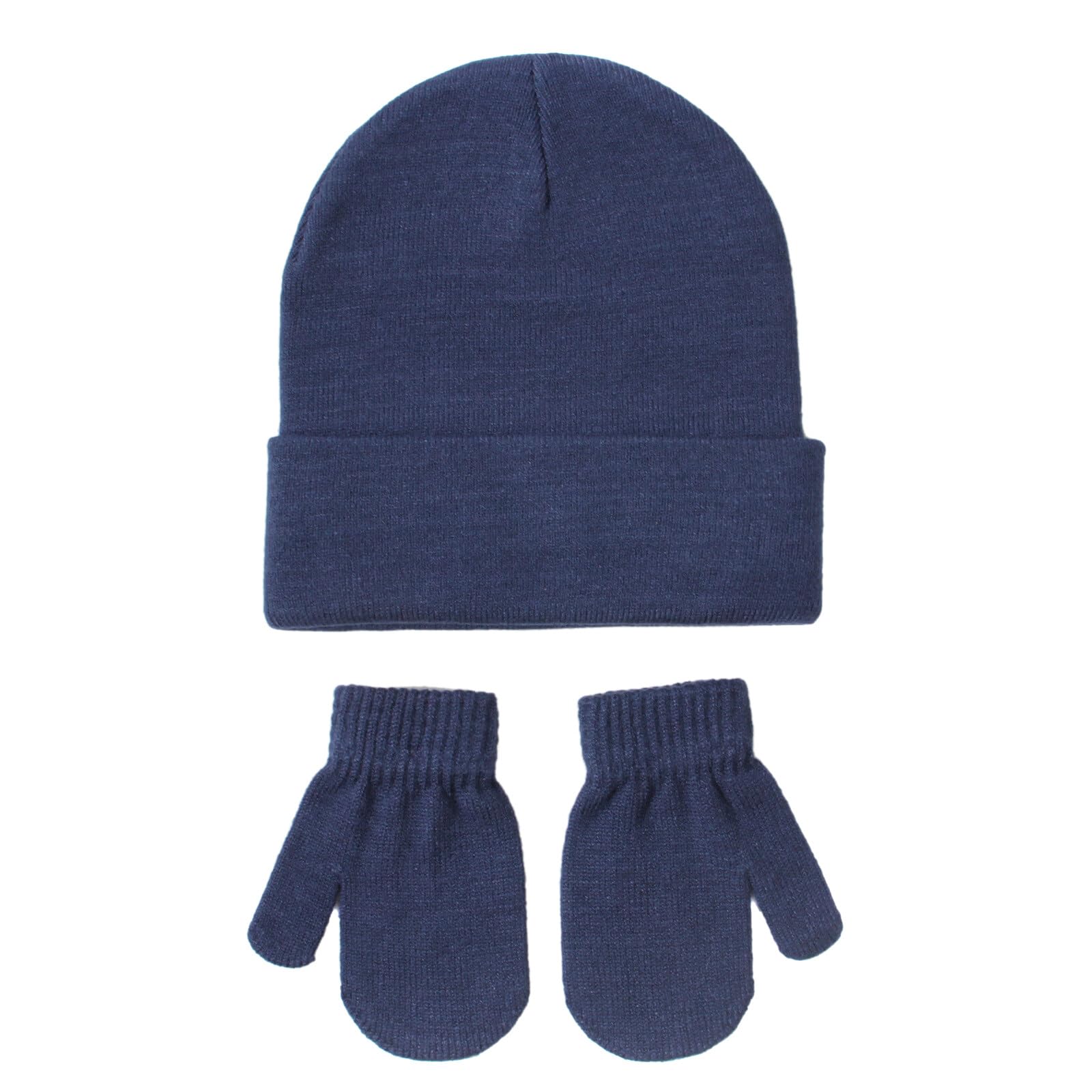 Mittens Gloves Beanie Hat Set for Kids Baby Toddler, Winter Cute Soft Thick Warm Knit Pullover Cap Set for Boys Girls (Navy Blue)