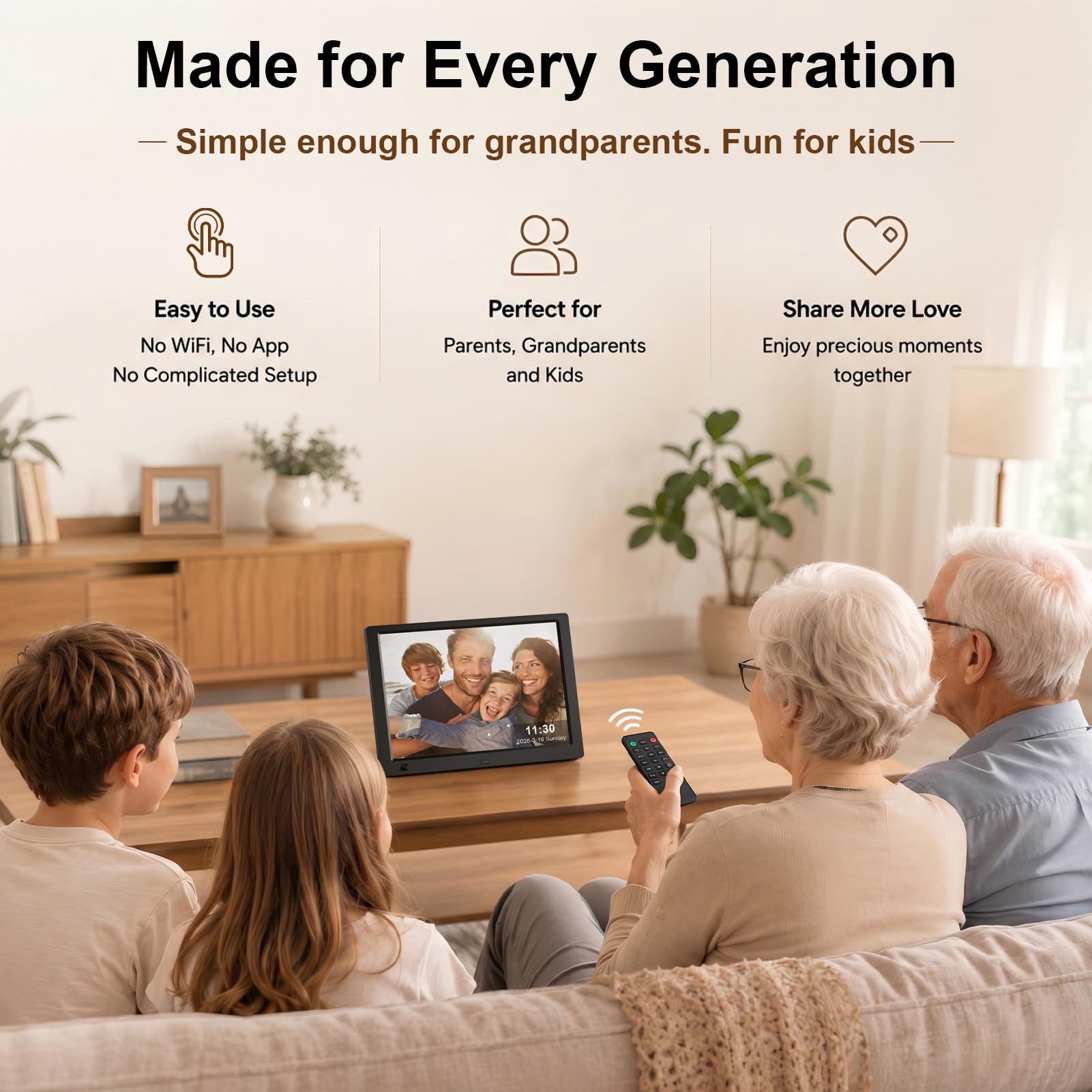 Cadre photo numérique 10,1" avec clé USB de 32 Go, écran HD IPS 1920 x 1080, capteur de mouvement, vidéo, musique, partager des moments via carte SD ou USB, avec télécommande, noir