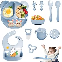 Silicone Baby Feeding Set, 11 Pcs Baby Led Weaning Supplies, Baby Spoons & Forks Suction Bowl Divided Plate Bib Cup, First Stage Solid Food Eating Utensils - 6+ Months Green