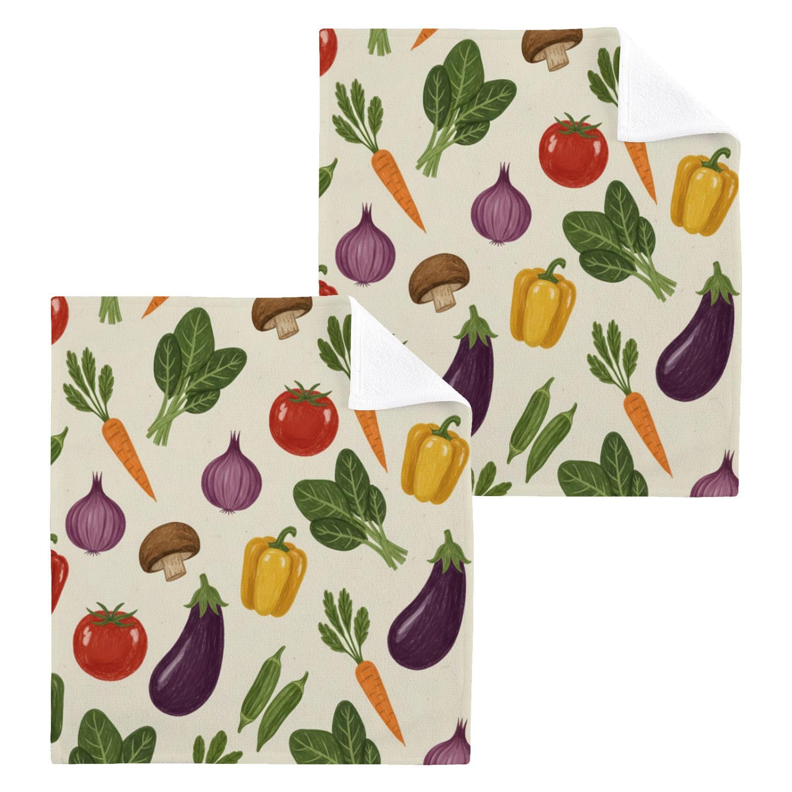 BOESI Sketch Veggie 12x12in Cotton Washcloth,Soft Absorbent Face Towel