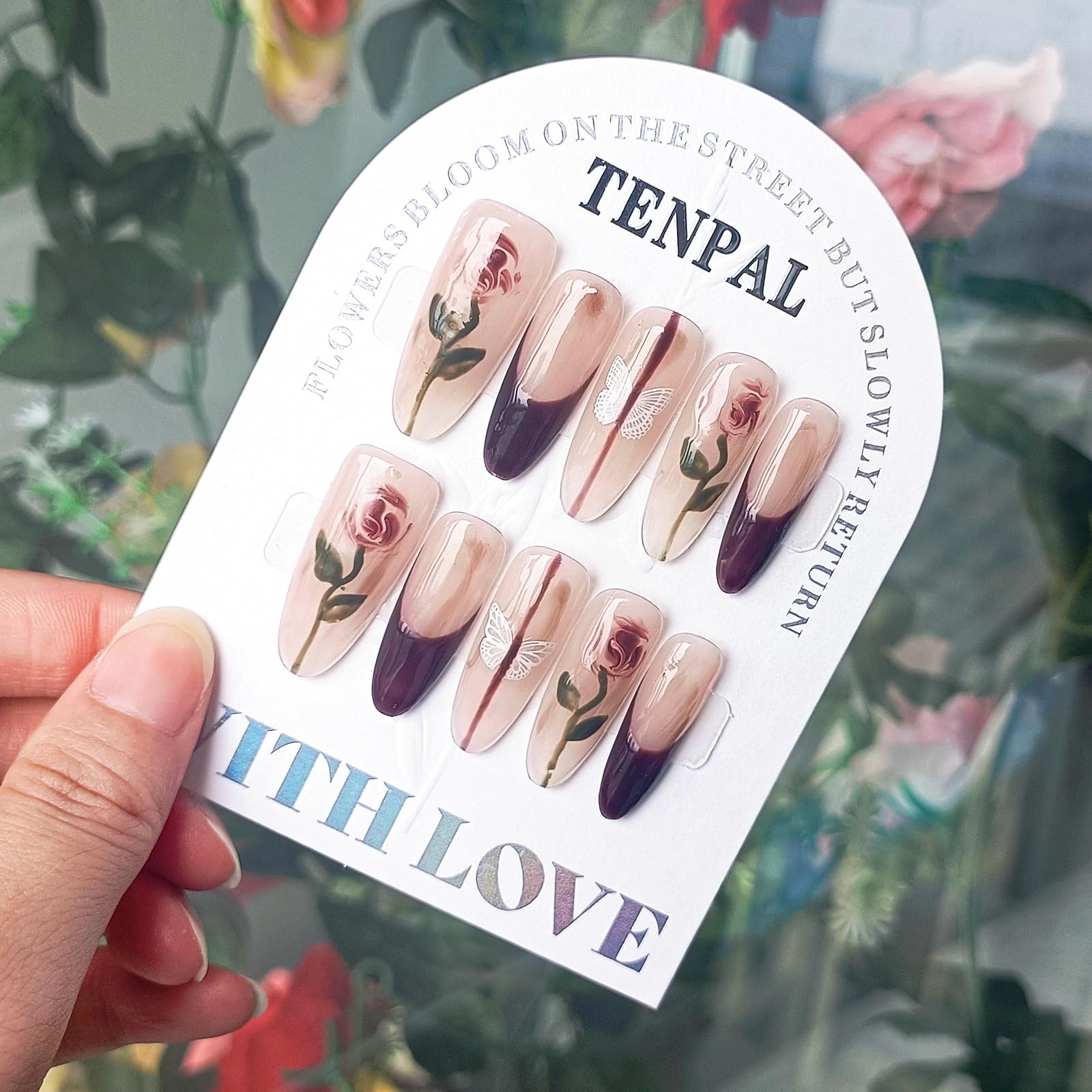 TENPAL French Tip Press on Nails Almond Rose Butterfly Designs Black Nails Press ons Long Almond Fake Nails 10pcs/Box Handmade Sweet Cool Y2k Sexy