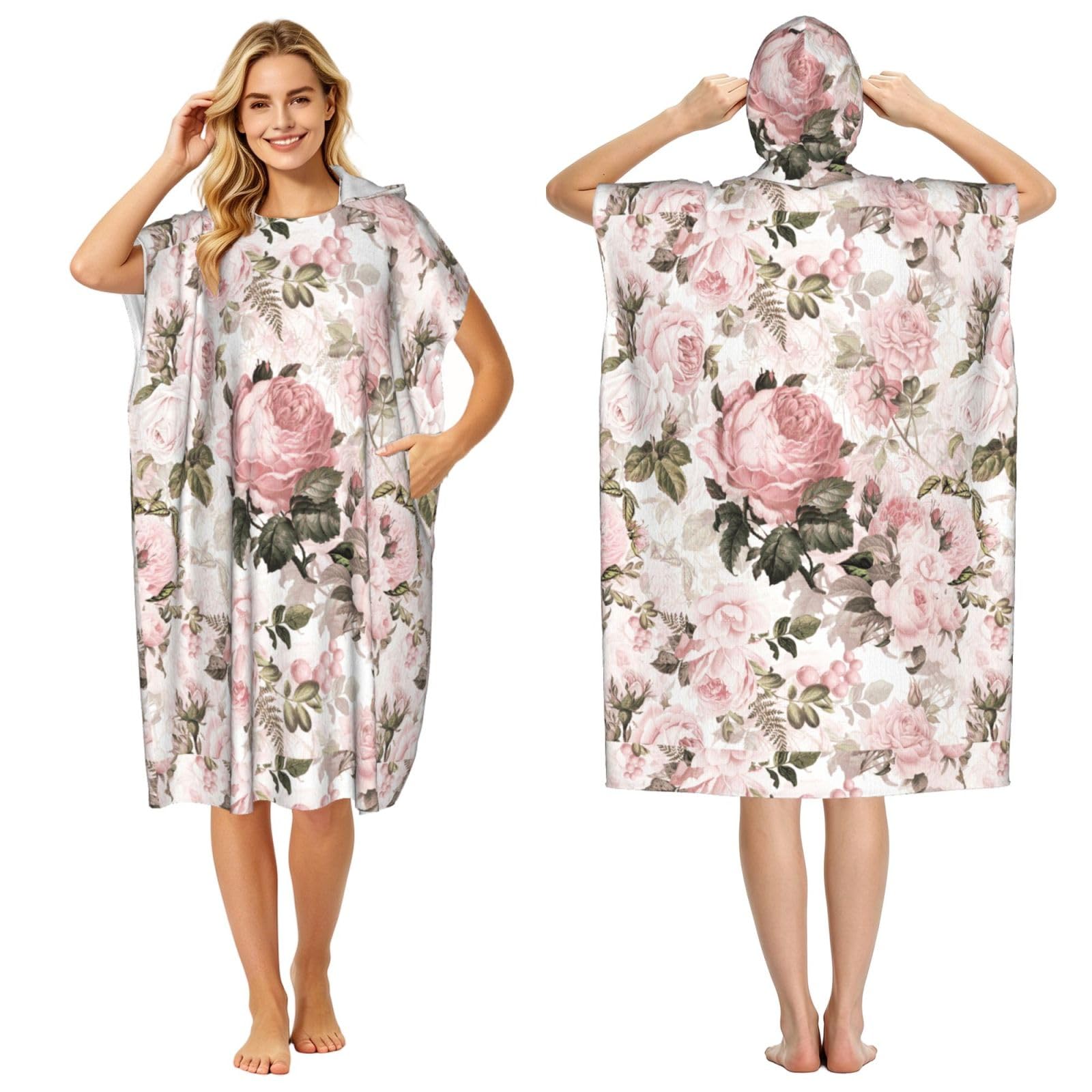 Poadnly Vintage Shabby Chic Sepia Pink Roses, Adult Hooded Beach Towel 90 x 110 cm,Changing Bath Robe, Surf Poncho Towel For Women Men