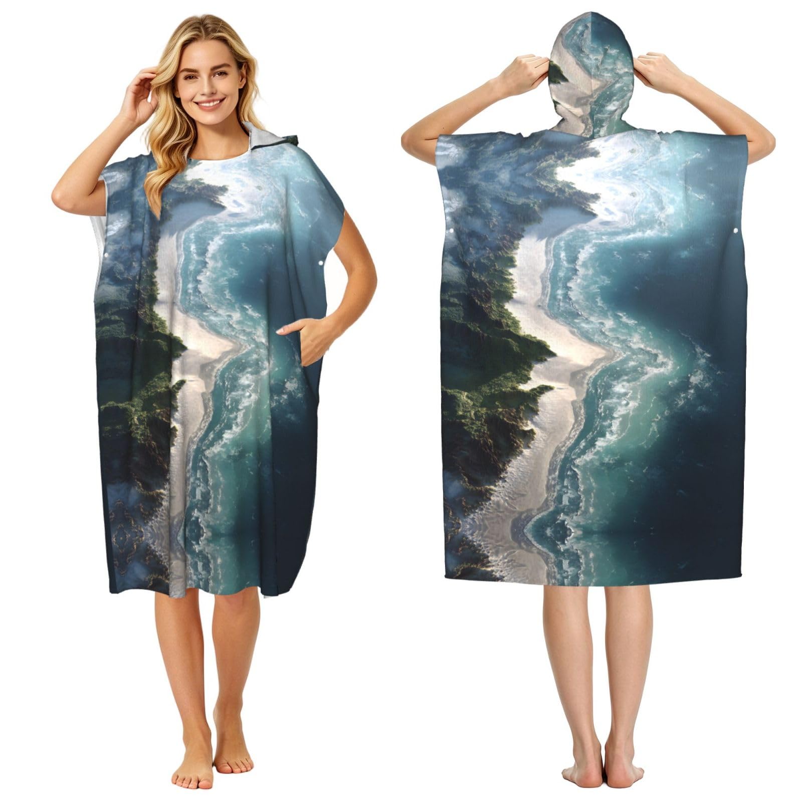 ESNAIUVCD Coastline Print Changing Robe, Hooded Towel Poncho For Swimming Pool, Beach,Quick Dry & Light Weight Towelling Poncho For Adults Women Men