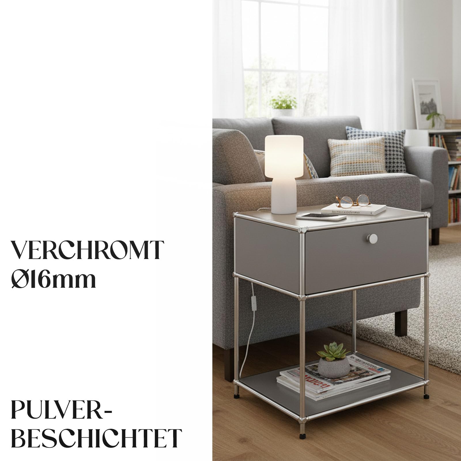Floordirekt Estantería, estantería de metal, mesa auxiliar - Gris, cromo, 63Hx50Ax40P cm - Sistema modular de enchufes en diseño moderno, estantería de metal para sala de estar, oficina, pasillo