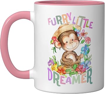 baby monkey with flowers little dreamer ape monkeys daughter Ceramic Mug, Pink/White