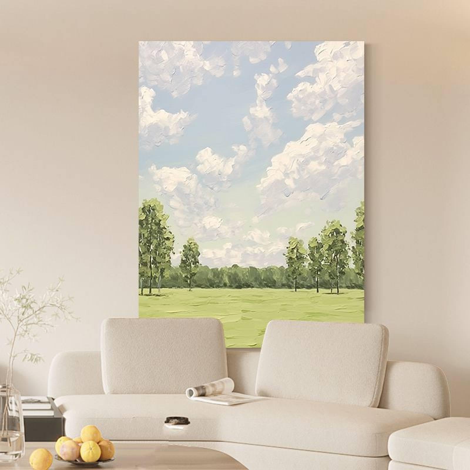 Peinture à l'huile sur toile abstraite texture nuages blancs prairie murale