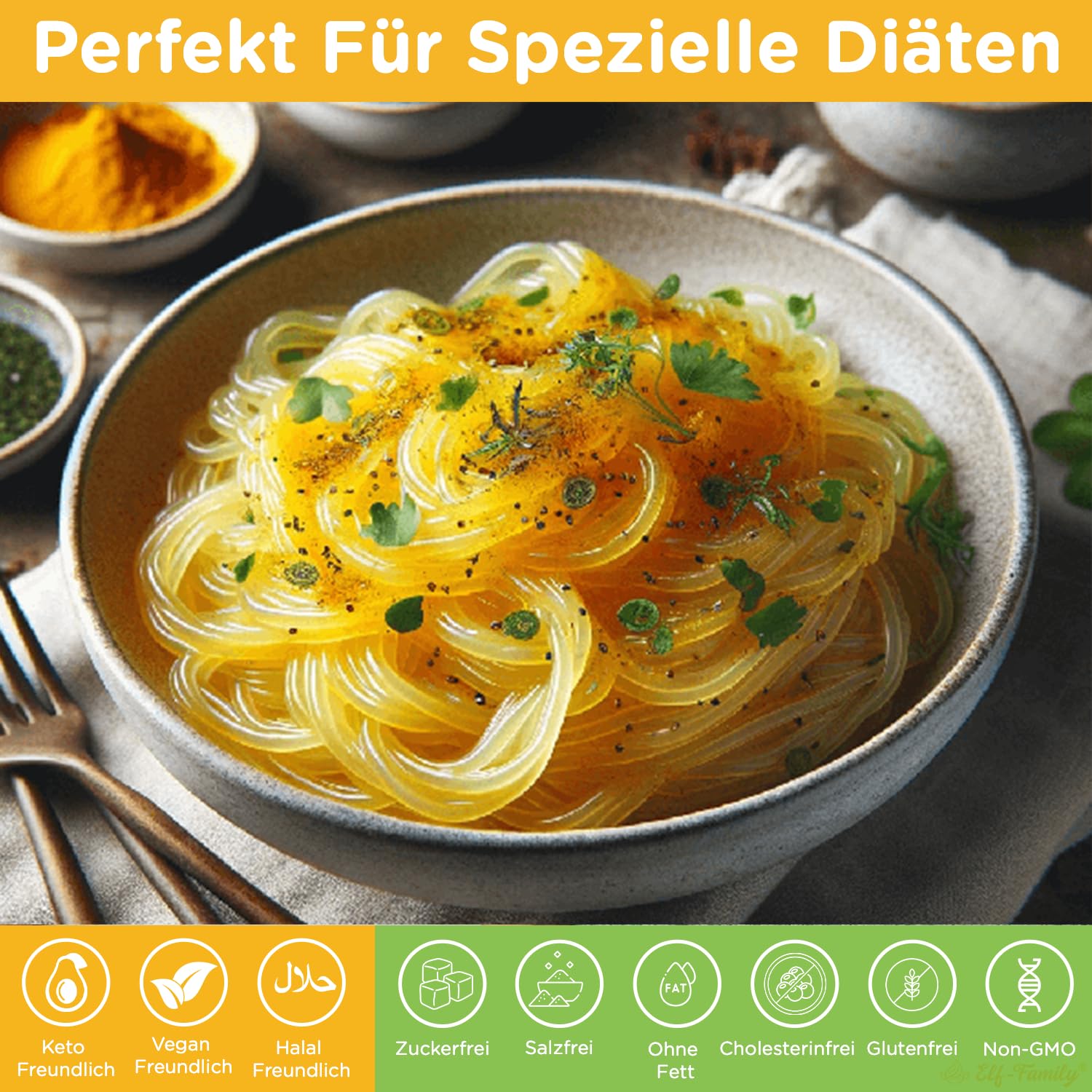 Elf-Family Pasta con Curcuma | Shirataki Superfood - 11kcal | 97% meno calorie | Low Carb/Keto/Shirataki Noodles/Vegani/Senza Glutine (270g x6 confezioni(12 pacchi))