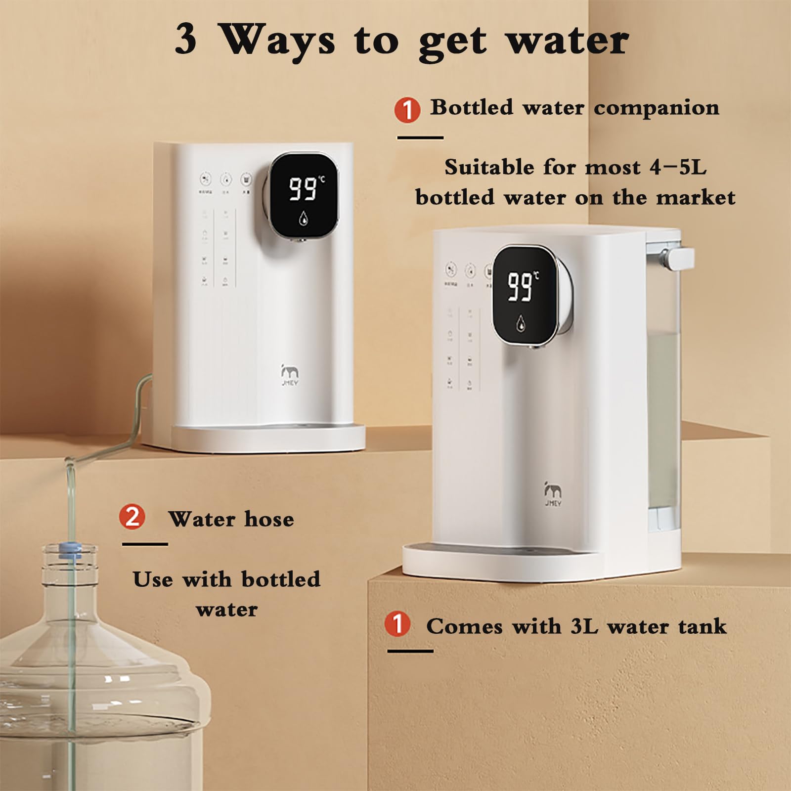 Dispensador instantáneo de agua caliente, tanque de 3 litros, pantalla dual inteligente, 3 opciones de entrega, control de temperatura de 5 velocidades para un acceso rápido al agua caliente