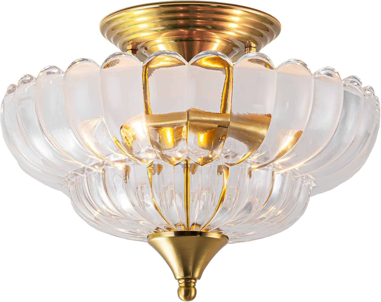 FTL Gold Semi Flush Mount Ceiling Light, Vintage Scalloped Transparent Glass Chandelier, 2-Light Close to Ceiling Light Fixture for Bedroom Kitchen Foyer Entryway Hallway