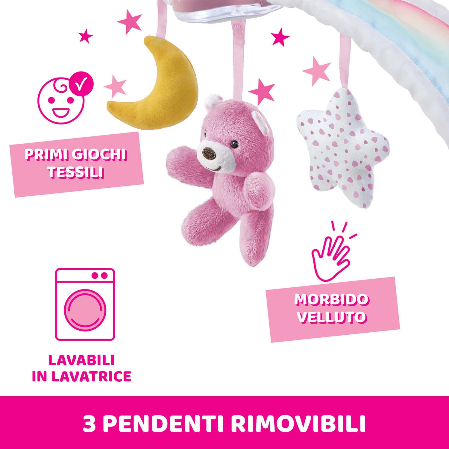 Chicco Arche Arc en Ciel Jeu de Développement 2 en 1 Compatible avec le Lit Next2Me, Panneau de Berceau avec Arche Arc-en-ciel et Veilleuse avec Musique et Pendentifs - Jouet Bébé 0+ Mois, rose