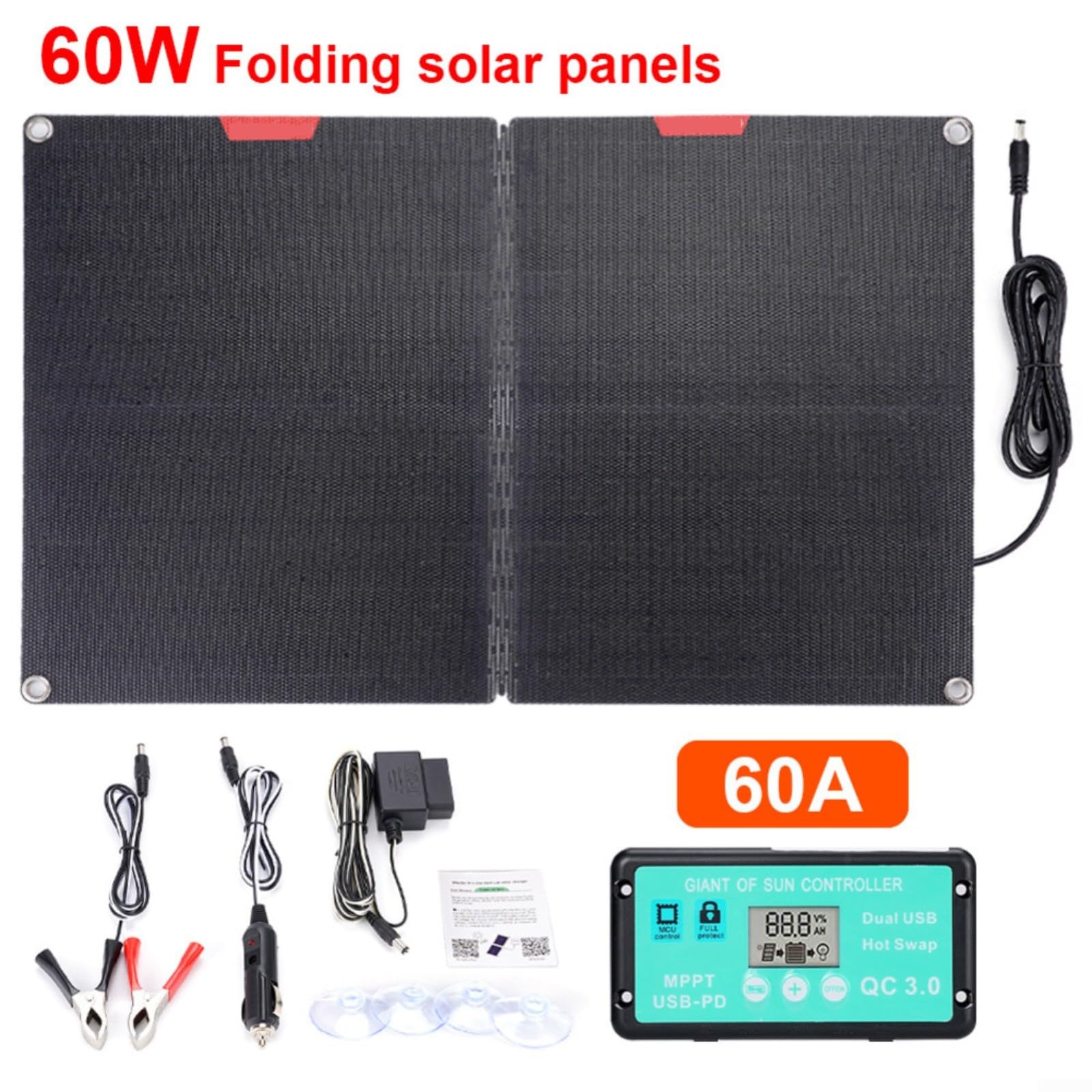 FACAIIO ETFE - Kit pannello solare pieghevole da 60 W, con controller, portatile, per caricabatterie da 12 V, camper, campeggio, esterno, display digitale, stazione di ricarica della batteria (B)