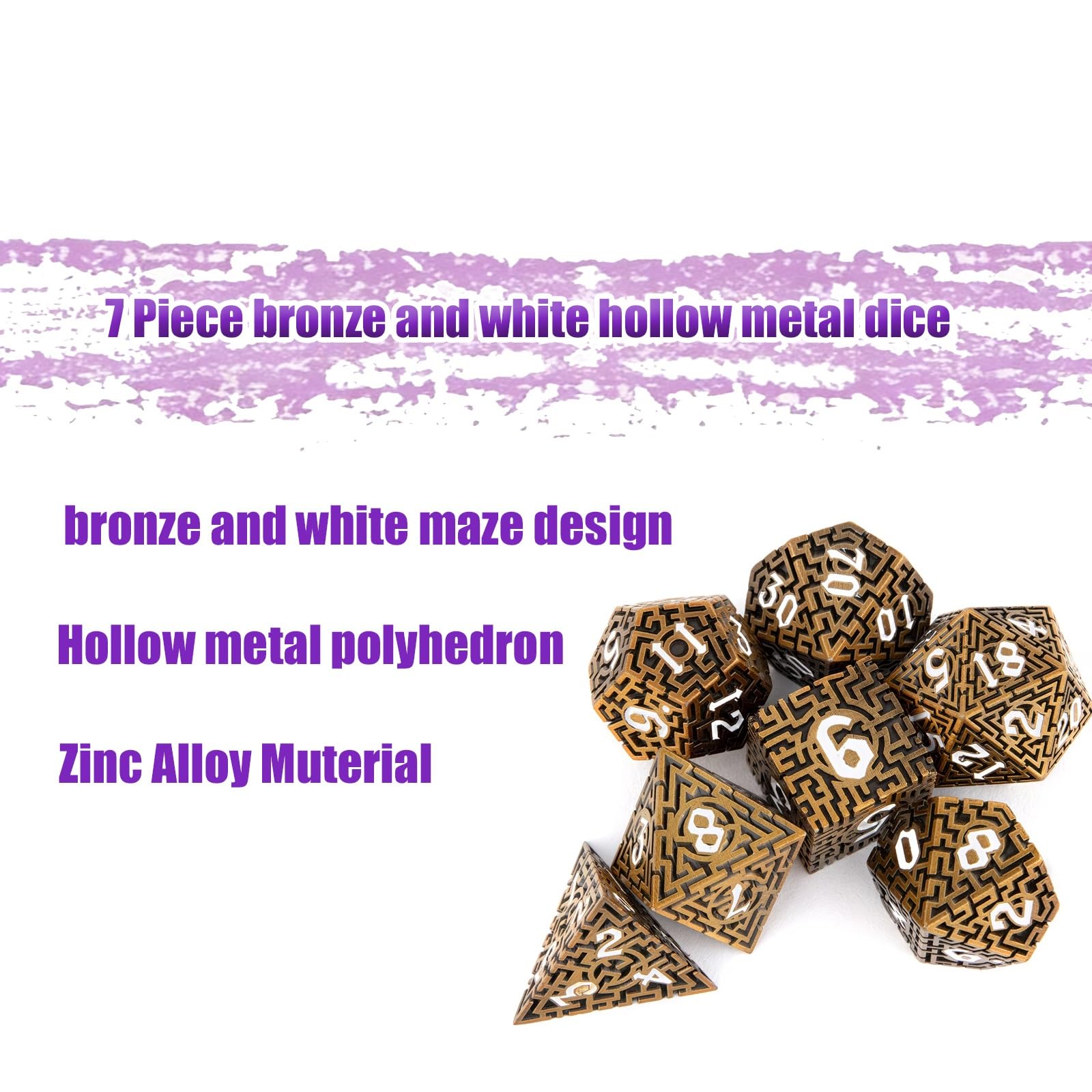 7 dados de diseño de laberinto de bronce y blanco, poliedro hueco, compatibles con juegos de rol RPG de cartas