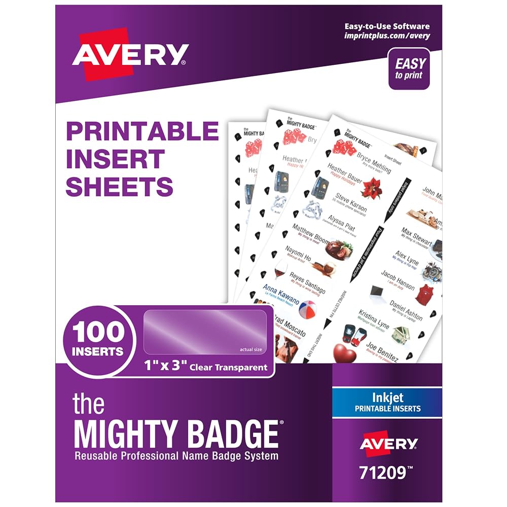 Avery® Reusable Magnetic Professional Name Badge System Refills, Inserts for 1" x 3" Name Tags, Compatible with Inkjet Printer, 100 Clear Printable Inserts (71209)