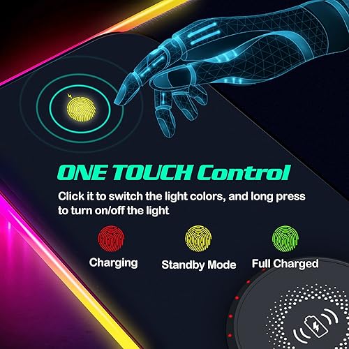 Miniatura 5 de Alfombrilla de mouse LED RGB con cargador inalámbrico de 15 W, con 10 modos de luz, alfombrilla de mouse extra grande, base de goma antideslizante,