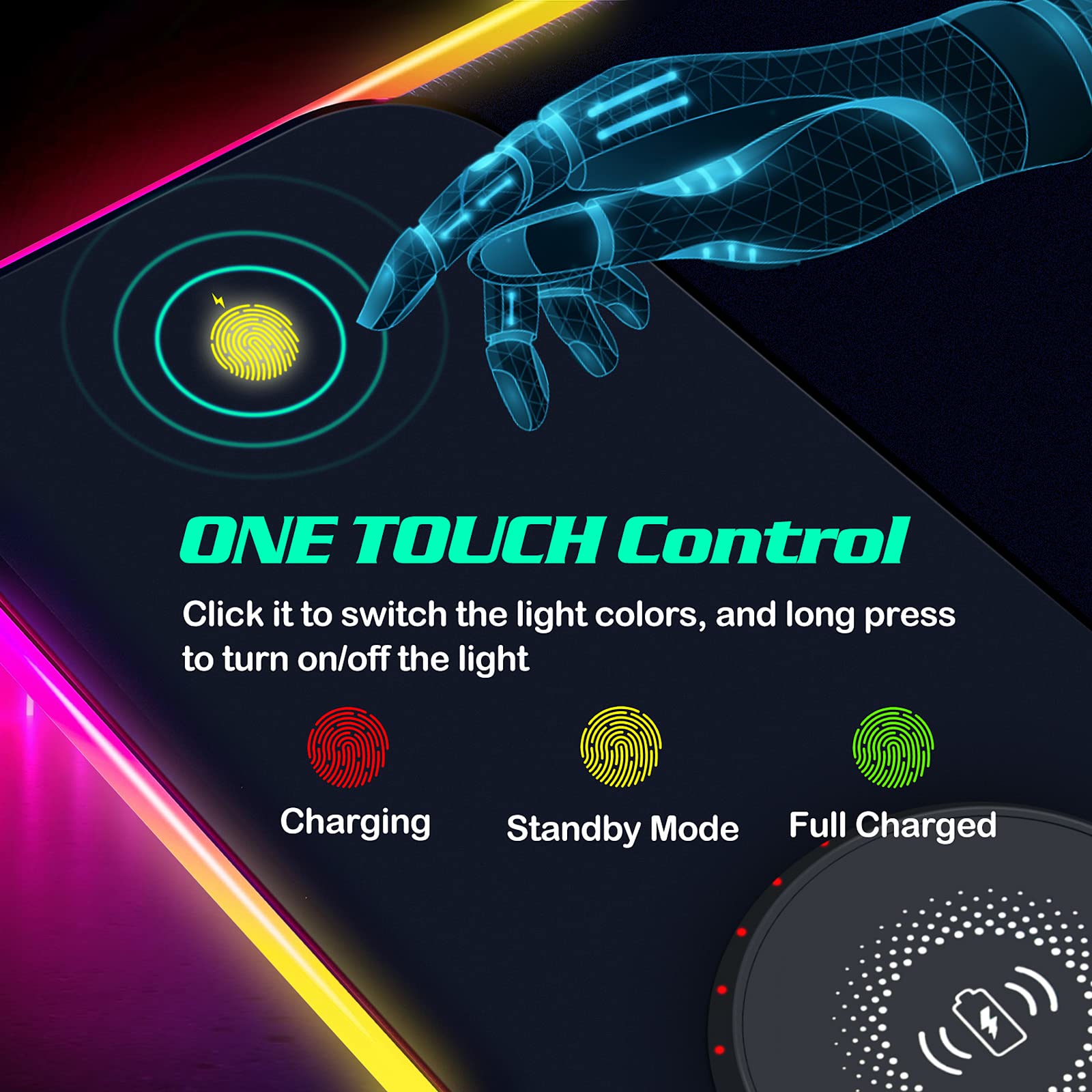 Tappetino per mouse RGB LED con caricabatterie wireless da 15 W, tappetino per mouse da gioco con 10 modalità di illuminazione, tappetino per mouse extra large con base in gomma antiscivolo, tappetino