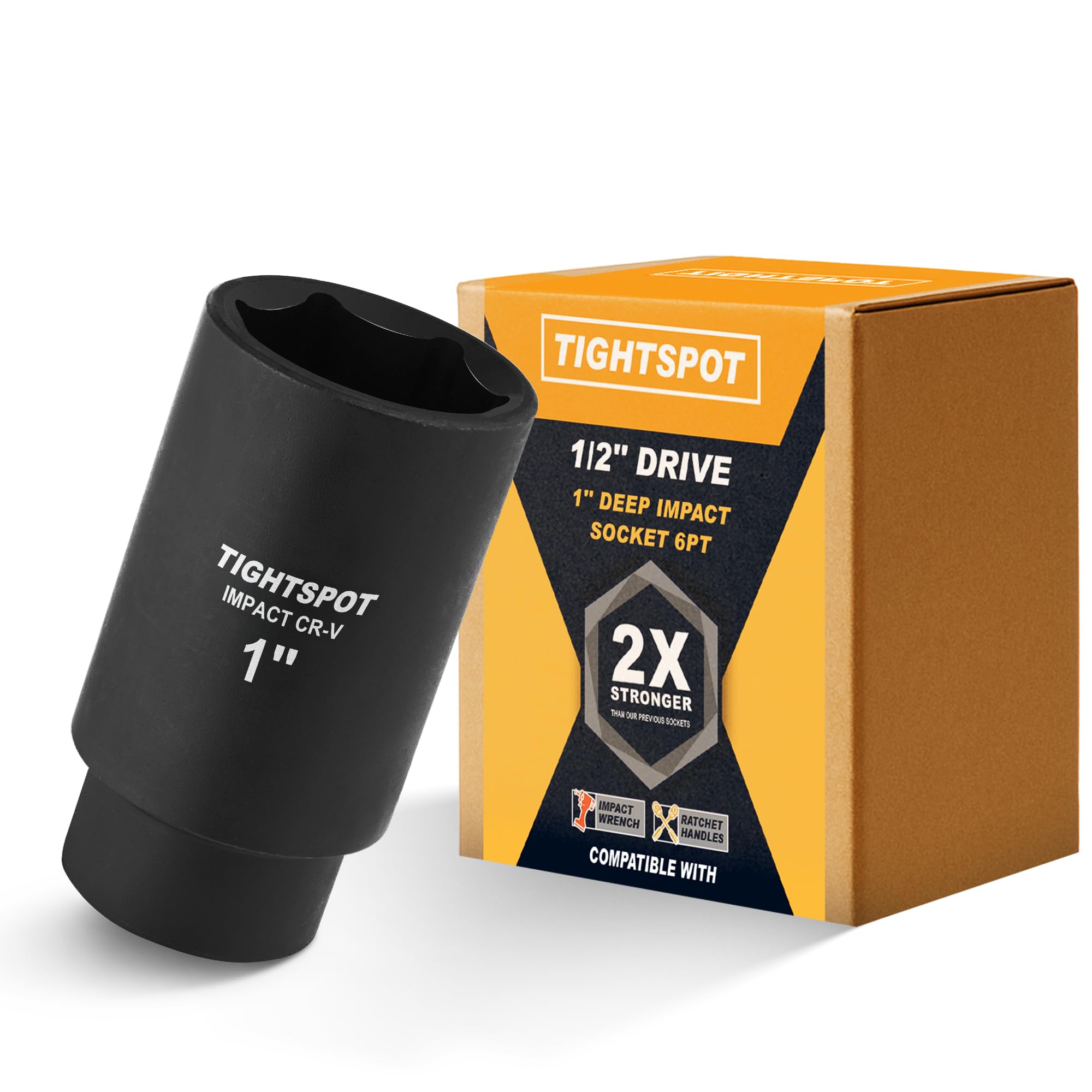 Tightspot 1/2 Inch Drive 1 Inch Deep Impact Socket with Anti Rounding 6 Point Design, Heat Treated CRV Steel