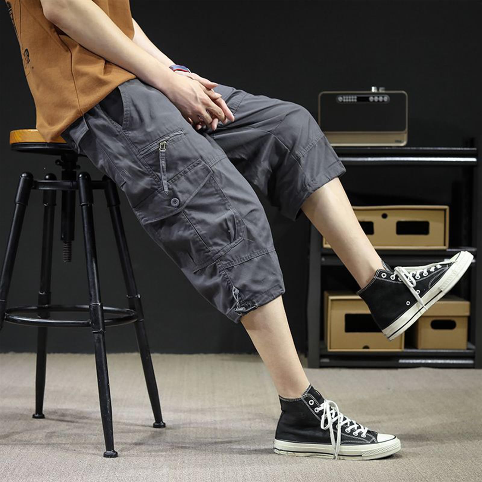 Shorts Cargo Homme Été 3/4 Pantalon Hommes en Coton Léger Court avec Multi-Poches Taille Elastique(Pas De Ceinture)