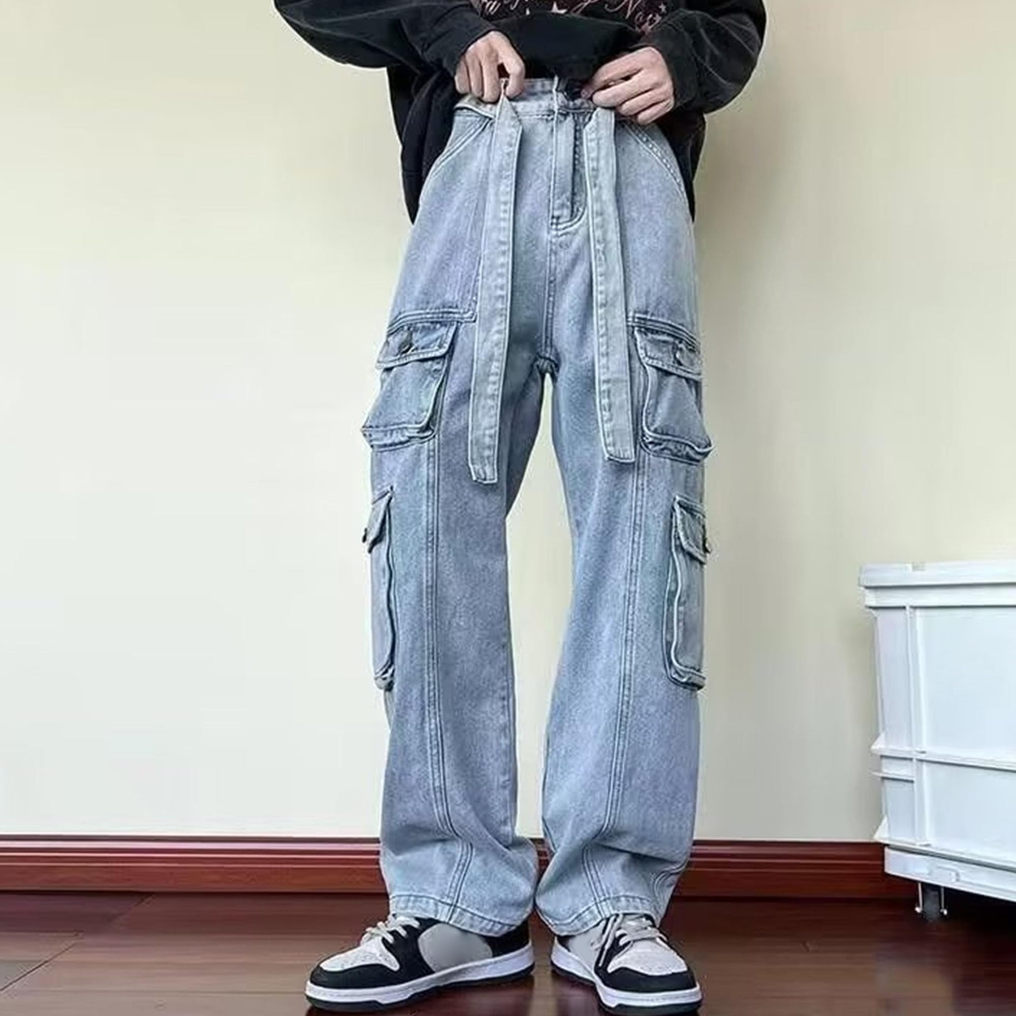 Jeans for Men Plus Size Straight Cargo Wide Leg Relaxed Fit Denim Pants Baggy Casual Streetwear Jean Trousers (Blue,Medium)