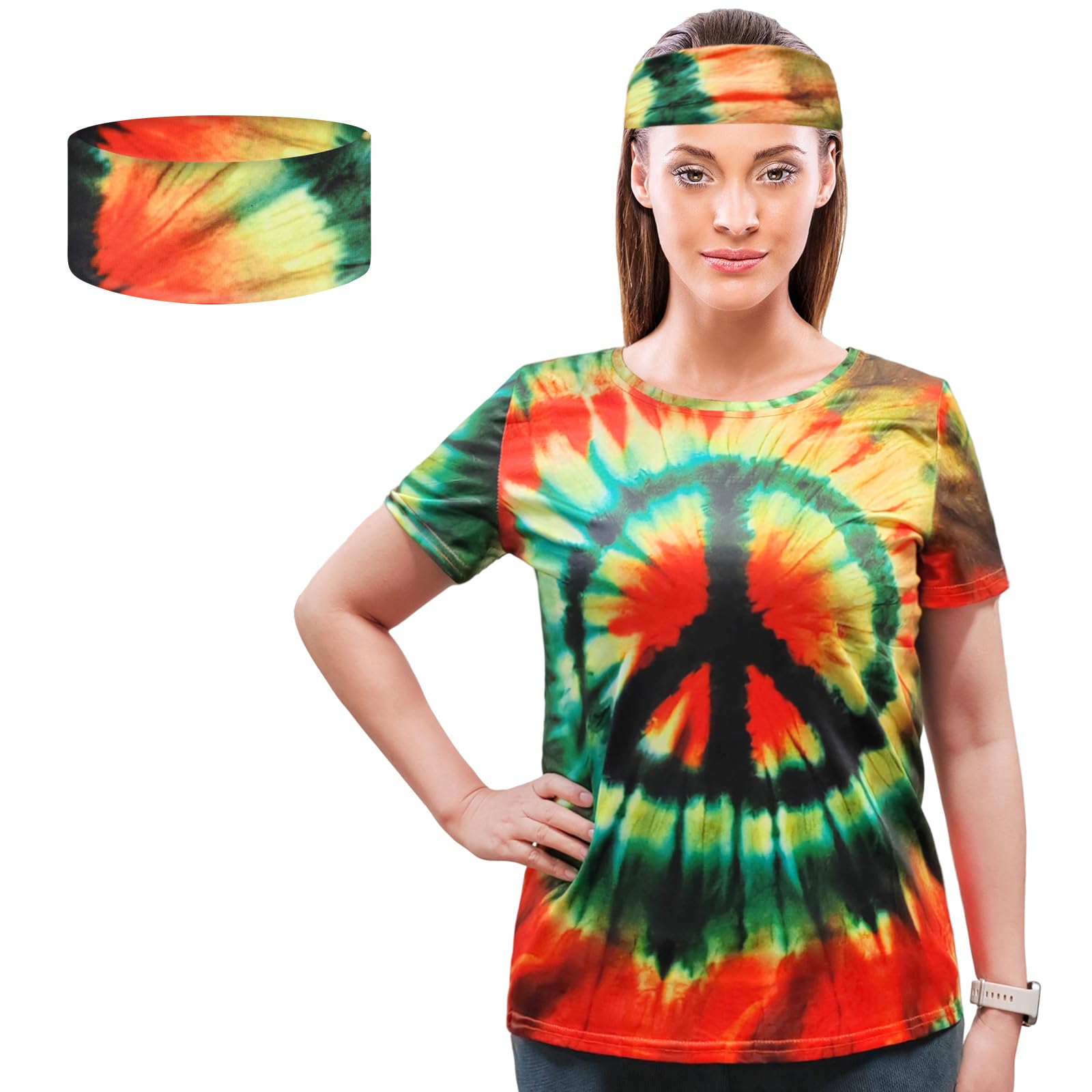 XonyiCos Hippie Costume for Women 60s and 70s colorful T-shirt and headband 2-piece theme party
