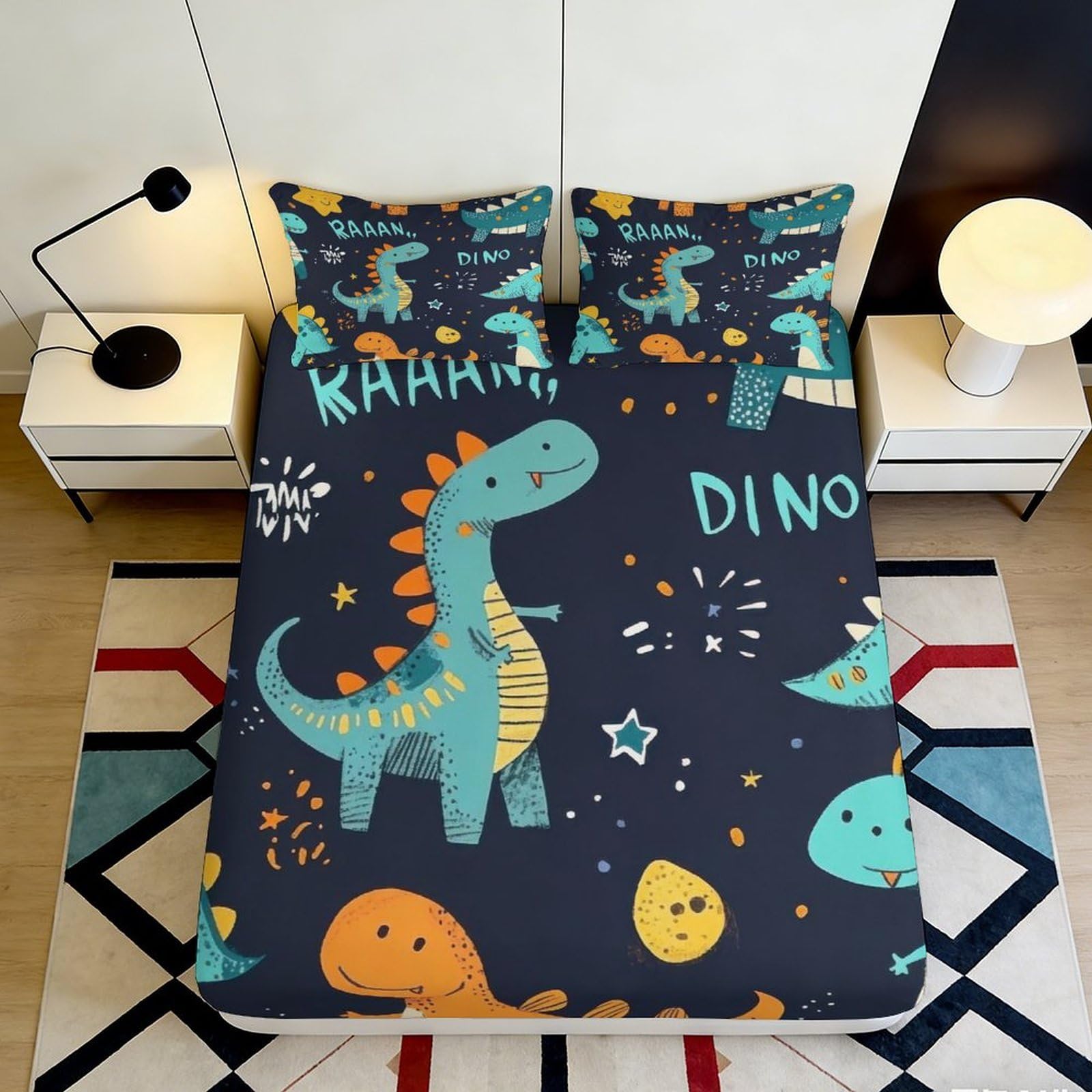 3D Printed Dinosaur Pattern Fitted Sheet Microfiber Soft Breathable Cartoon Dino Bed Cover for Bedroom Dormitory Guest Room Mattress Protection 200x200x25cm