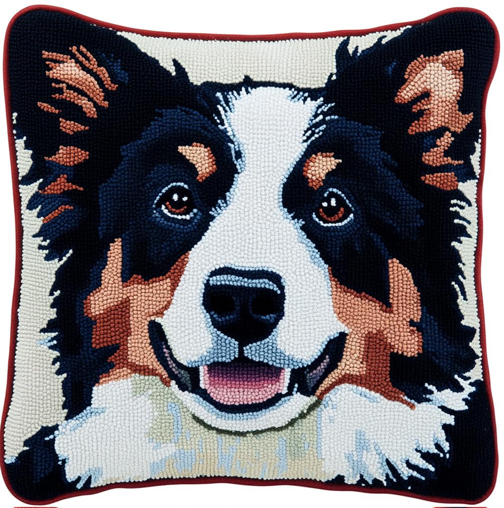 Rqwybcaxn Latch Hook Kits, Latch Hook Kit for Beginners Border Collie Dog Pet Throw Pillow Cover Pattern Printed Sofa Cushion Crochet Needle for Carpet Embroidery 17X17Inch