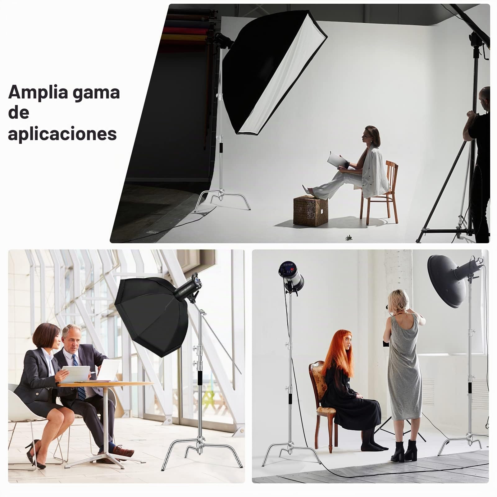 SOONPHO 2-Pack C Stand 100% Acero Inoxidable Heavy Duty Soporte en C Trípode 330cm con 130cm Brazo de Sujeción Kit,Cabeza de Agarre,Sacos de Arena y Clips para Godox AD200 Pro SK400II Aputure(Plata)