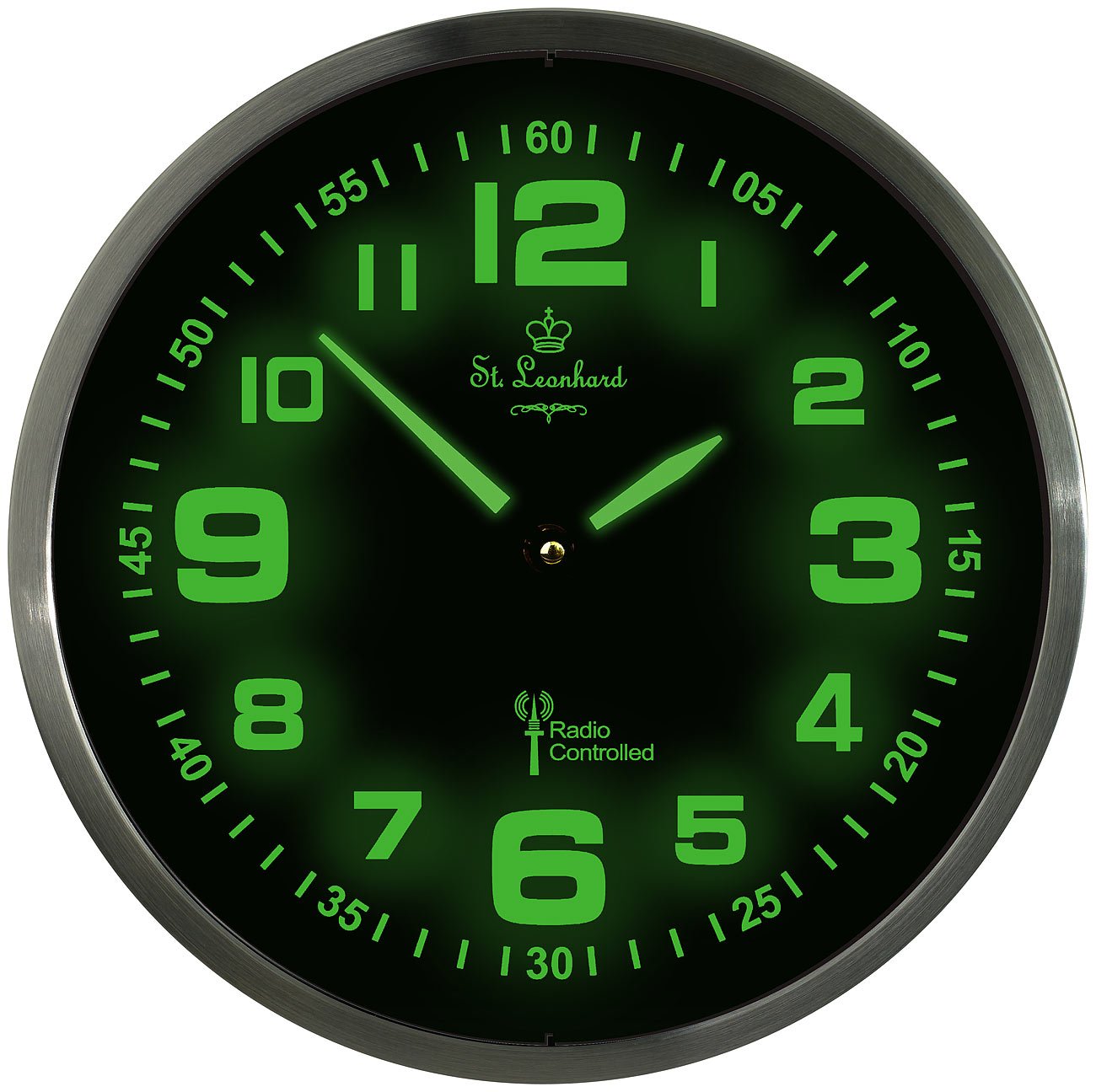 Funk Wanduhr lautlos: Funk-Wanduhr mit Quarz-Uhrwerk, nachleuchtenden Ziffern und Zeigern (Leuchtende Zeiger, lautlos Leuchtend, groß)