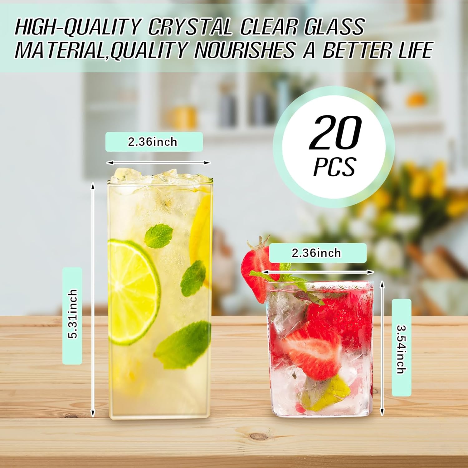 Mifoci 20 Sets Square Drinking Glass Cups 8 oz 13 oz Square Glasses Clear Highball Modern Glassware Tumbler Mixed Drinkware with Glass Straws and Cleaning Brushes for Cocktail Coffee Juice Beer - Image 3