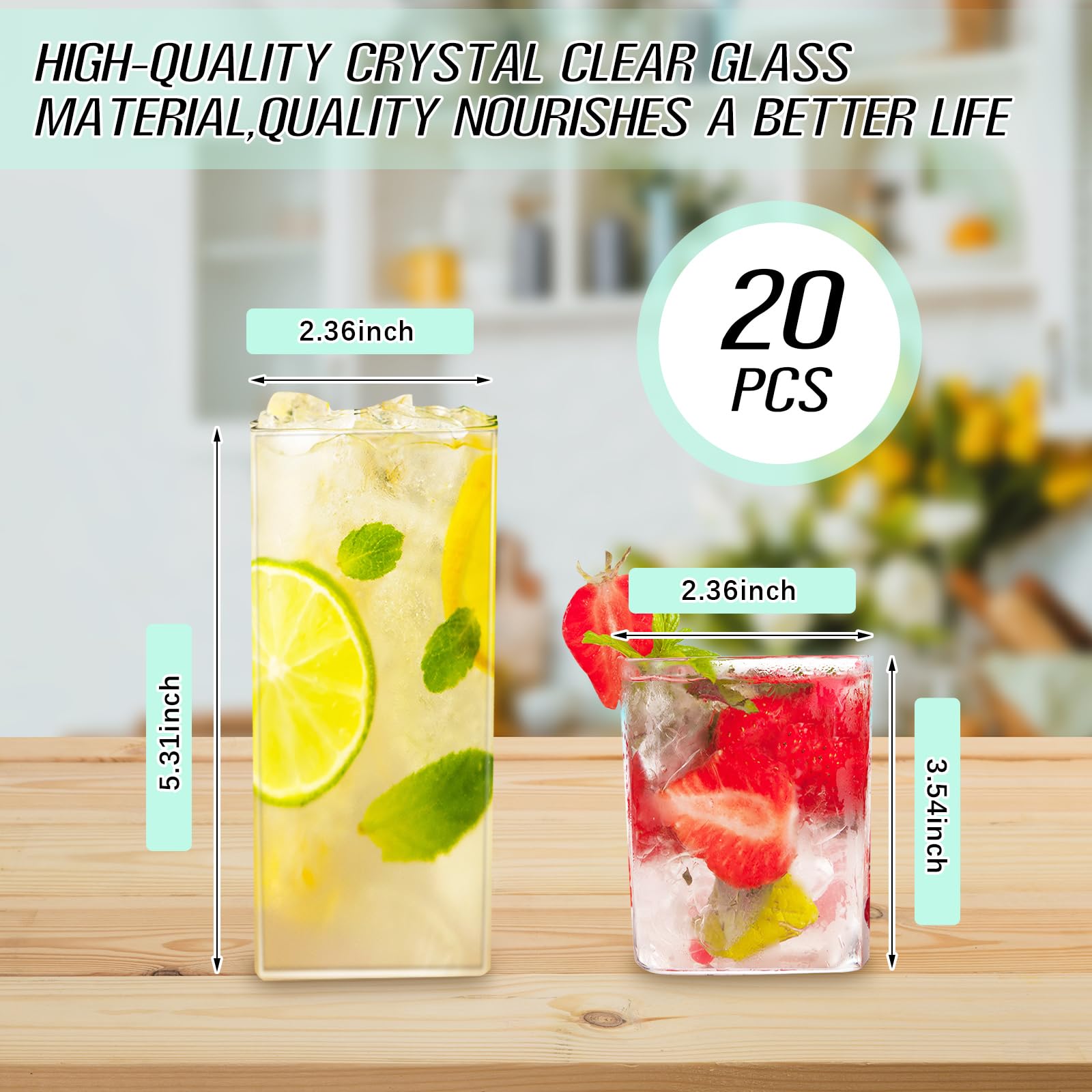 Mifoci Juego de 20 vasos cuadrados de vidrio de 8 onzas, 13 onzas, vasos cuadrados transparentes Highball modernos, vasos de cristalería mixtos con pajitas de vidrio y cepillos de limpieza para cóctel