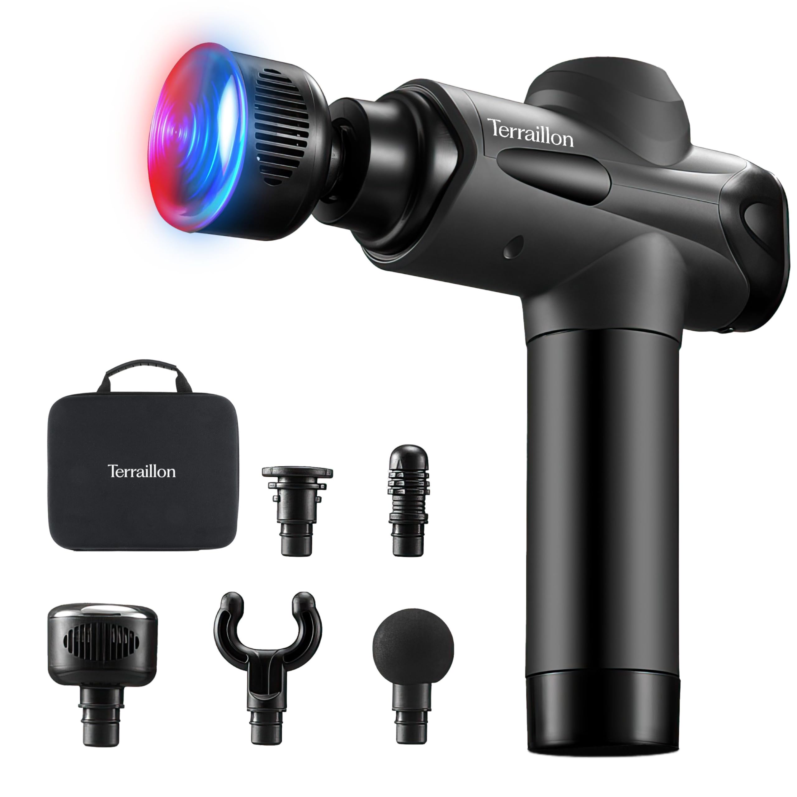 TERRAILLON - GUN MASSAGER EXPERT - Pistolet de massage Multizones, 20 vitesses 2800-3200 RPM, Ecran digital, Minuteur intégré, 5 embouts silicone dont 1 chaud-froid, USB-C, Etui inclus, Noir