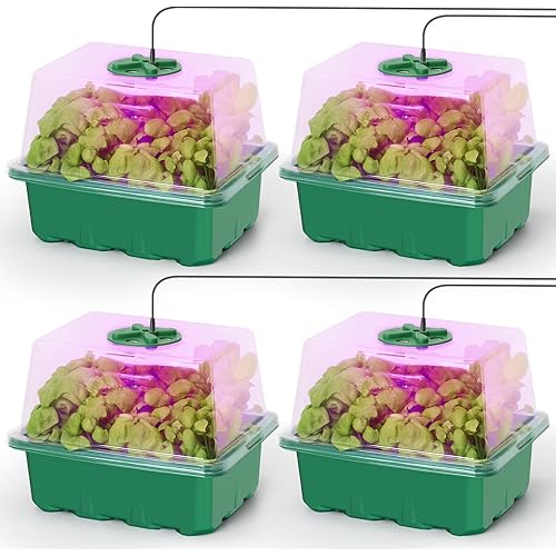 MIXC Seed Starter Kit with Grow Light, Elevated Seedling Tray Kit with Adjustable Humidity Dome and Clear Cell Tray, 12 Full Spectrum Led Beads for Seed Starting Greenhouse, 4 Pack, Green