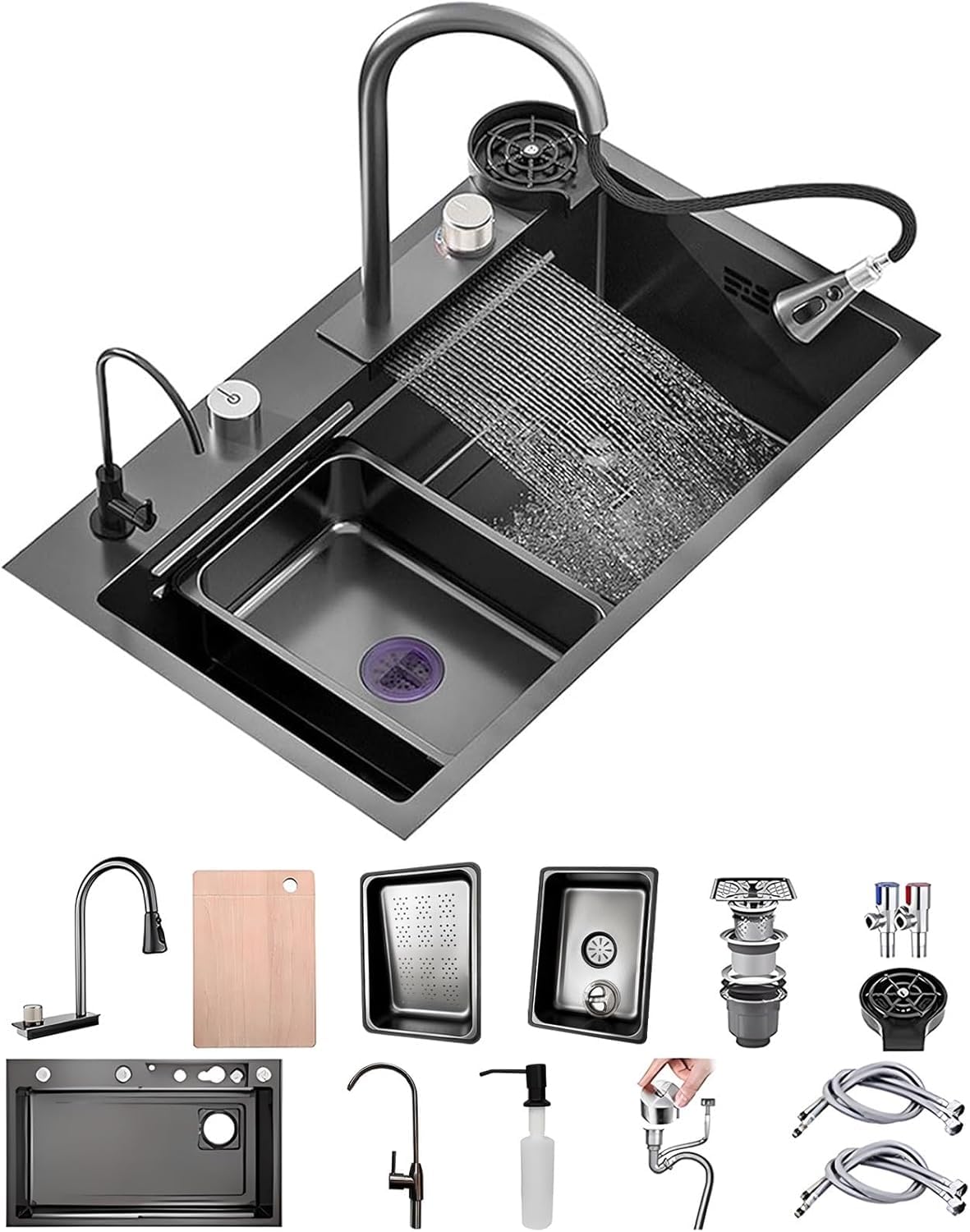 ZQFHSX Stainless Steel Waterfall Kitchen Sink Combo with Pull-out Faucet Topmount Workstation 80x50cm Nano-coated Black-grey Single Bowl Accessories & Pressure Pot Washer