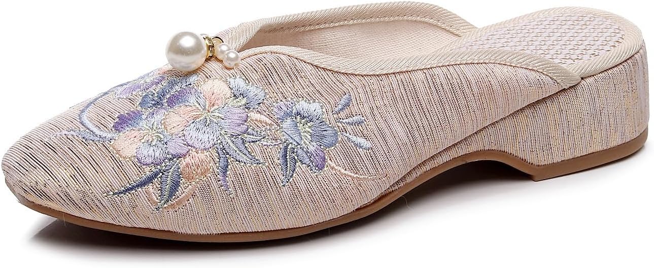 Fashion Flower Embroidered Mules Women's Exquisite Handmade Beaded Slippers Chinese Traditional Ancient Style Hanfu Cheongsam Shoes Casual Lightweight ls(,5 UK) (6 UK)