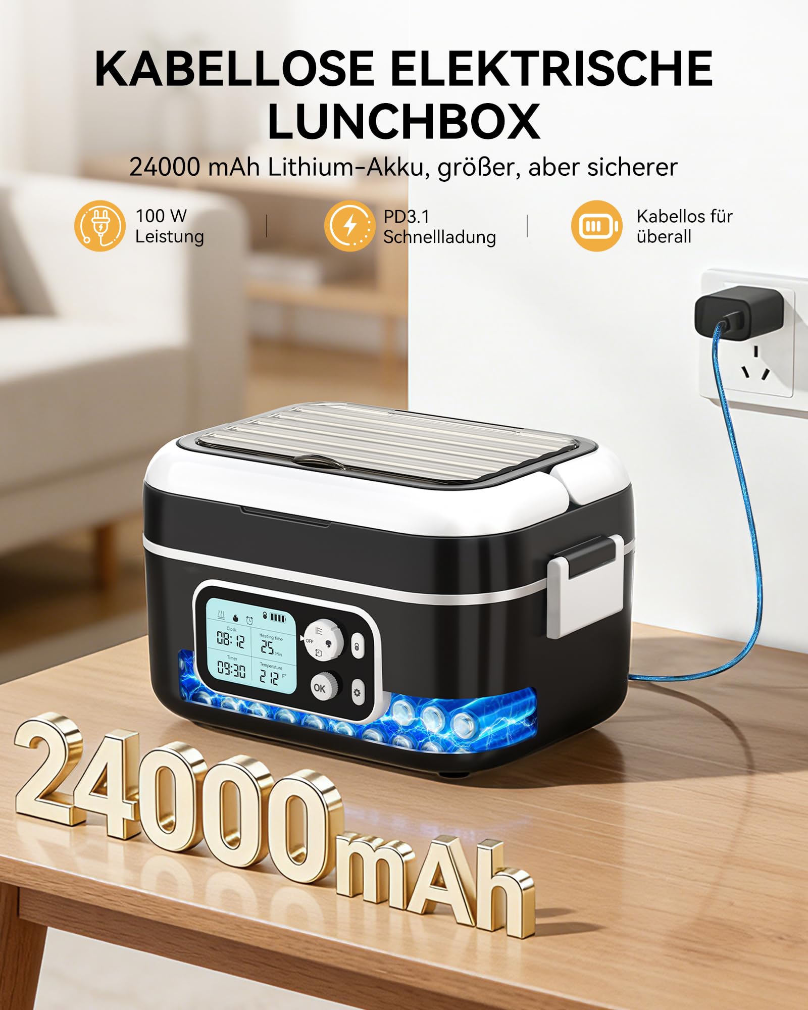 Yofidra Elektrische Lunchbox 1500ml, Heated Lunch Box | mit Akku | Digitalanzeige | Thermotasche | Löffel-Gabel-Kombination | Plastiktrennwand | Herausnehmbarer Trennplatte für Arbeit