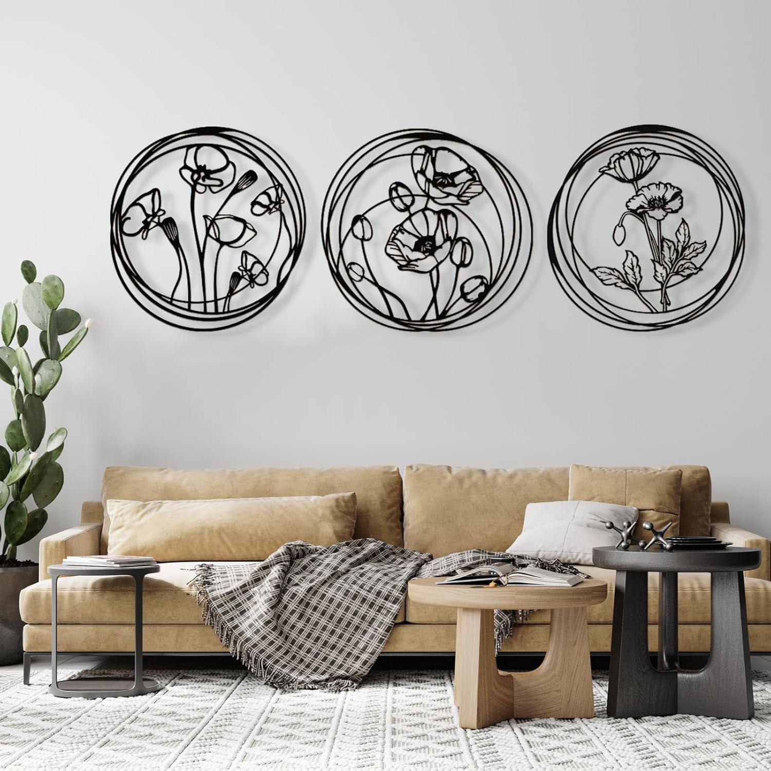 Amazon.com: Poppy Flowers Metal Wall Art, 3 Piece Metal Wall Decor ...