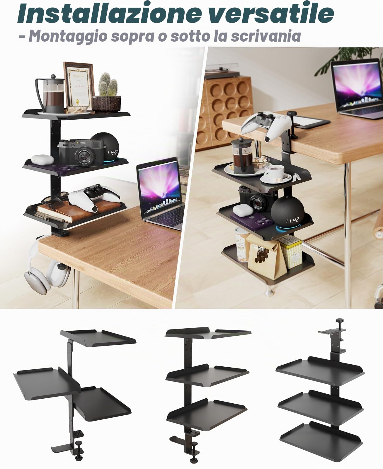 Scaffale Scrivania con Morsetto 3 Ripiani Regolabile, Sopra & Sotto | Senza fori, 3 vassoi 28x17,5cm, per scrivania 1,5-6cm spessore, scaffale acciaio, organizer ufficio, gaming e TV, tavolo