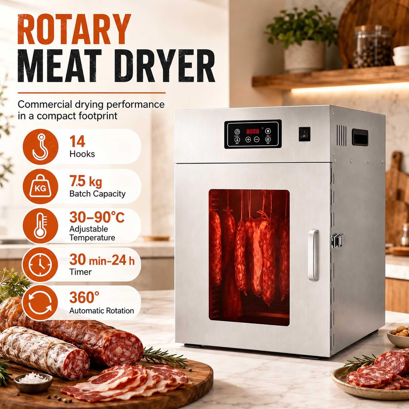 Dry Ager Reifeschrank Für Fleisch Und Wurst, Edelstahl Trockenschrank Für Fleisch Mit Led-Display, 360° Rotation, 0-24h Timer, 14/30 Haken, Biltong Box Für Wurst,Speck, Fisch Und Rindfleisch 7.5KG