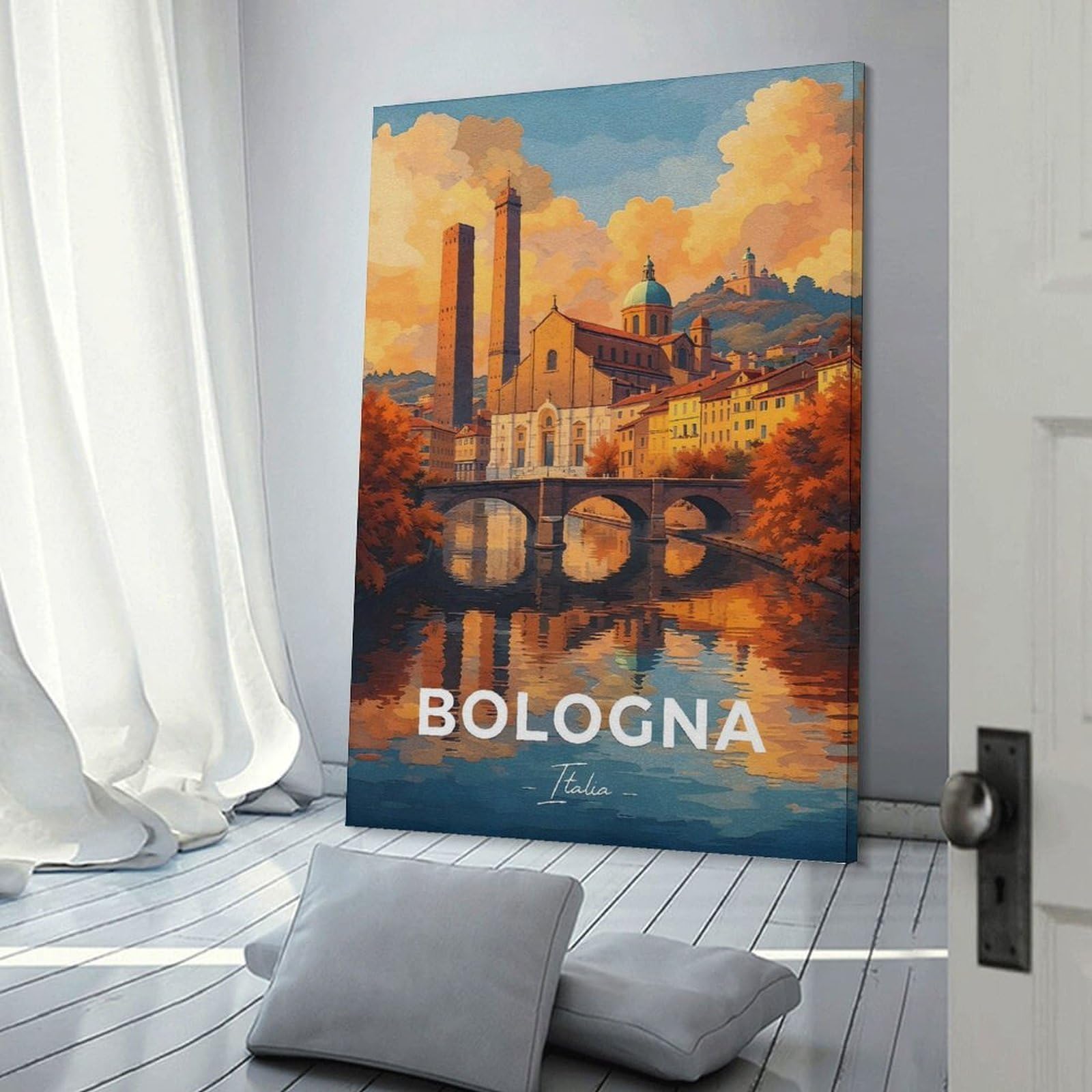 Bologna Cityscape with Towers And River Decorative Wall Artwork, 24x36inch(60x90cm), for Home Lounge, Bedroom Or Reading Nook, Easy Decor for Gallery Walls