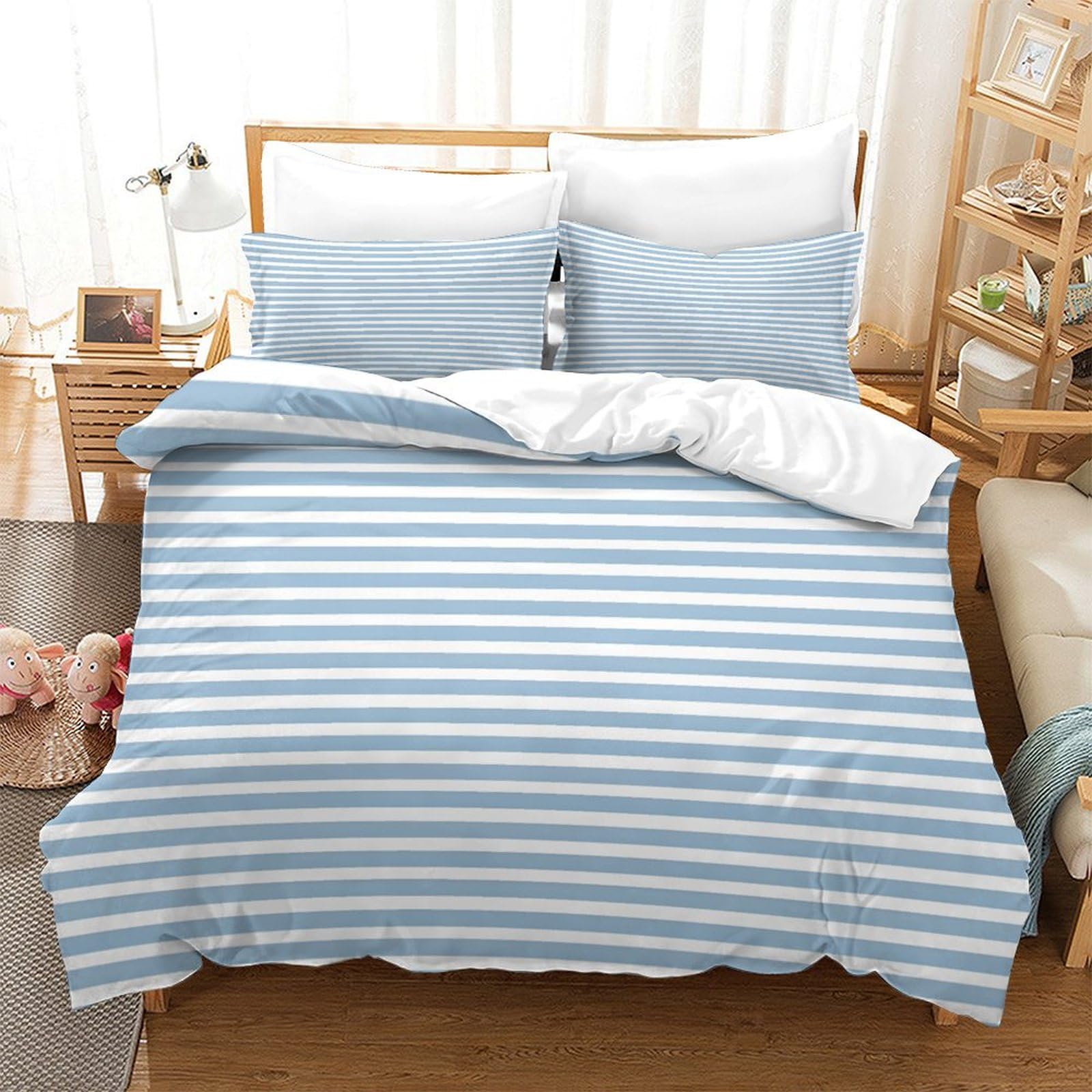 P1S9U7W5Y 3D Printed Blue White Stripe Duvet Cover Set 3pcs Microfiber Nordic Stripe Bedding Set Double（200x200cm）