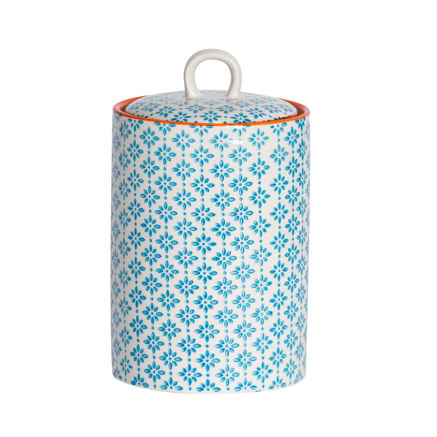 Nicola Spring Blue Patterned Kitchen Canister - 1 Litre - Porcelain Hand Printed Kitchen Storage Jar Airtight Biscuit Barrel For Biscuits, Oats, Tea, Coffee