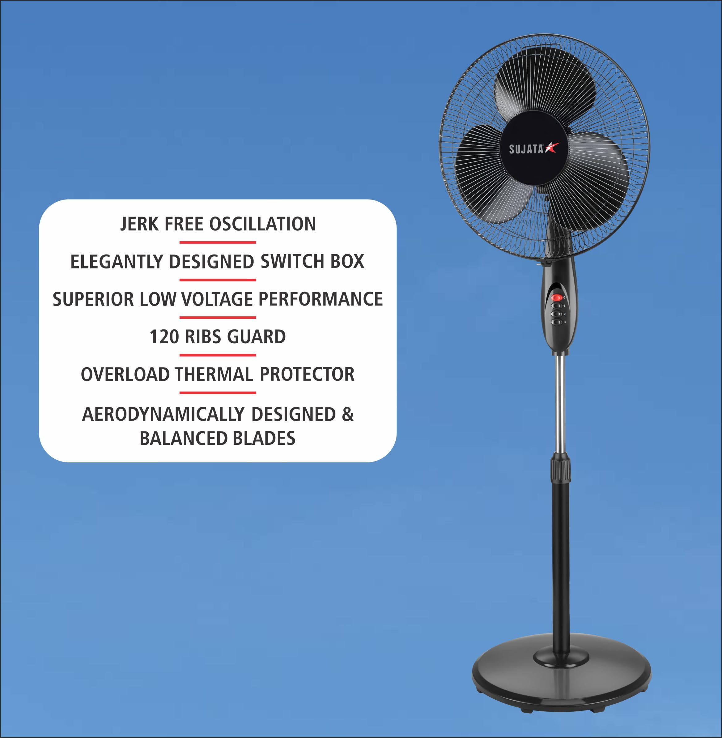 Sujata Premium Pedestal Fan 400mm | 2 Year Warranty | Stand Fan for Home | 1350 RPM | 100% Copper Winding Motor | Oscillating Pedestal Fan with High Air Delivery | 3 Speed Control (SPF09 - Black) 2