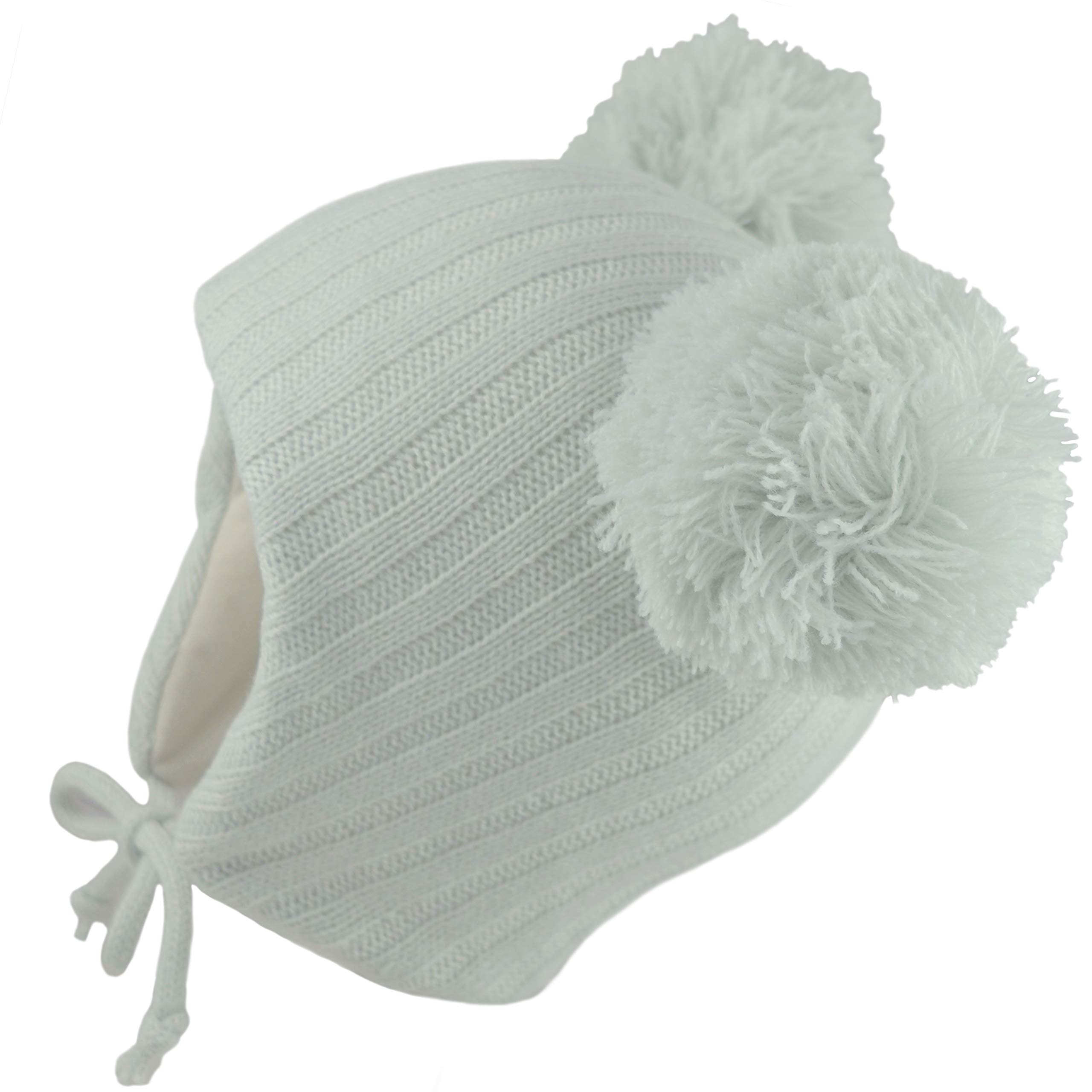 Pesci Baby Girls or Boys Double Pom Pom Hat with Ear Flaps and Chin Ties Bobble Beanie Hats Knitted Warm Wooly Thermal Winter Cap (Grey, 6-12 Months)