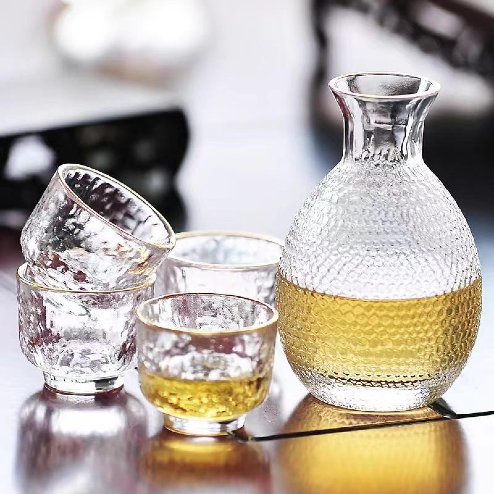 Zwhungyun 日式玻璃酒壶酒杯套装锤纹描金边清酒壶冰酒器套装锤目纹白酒杯