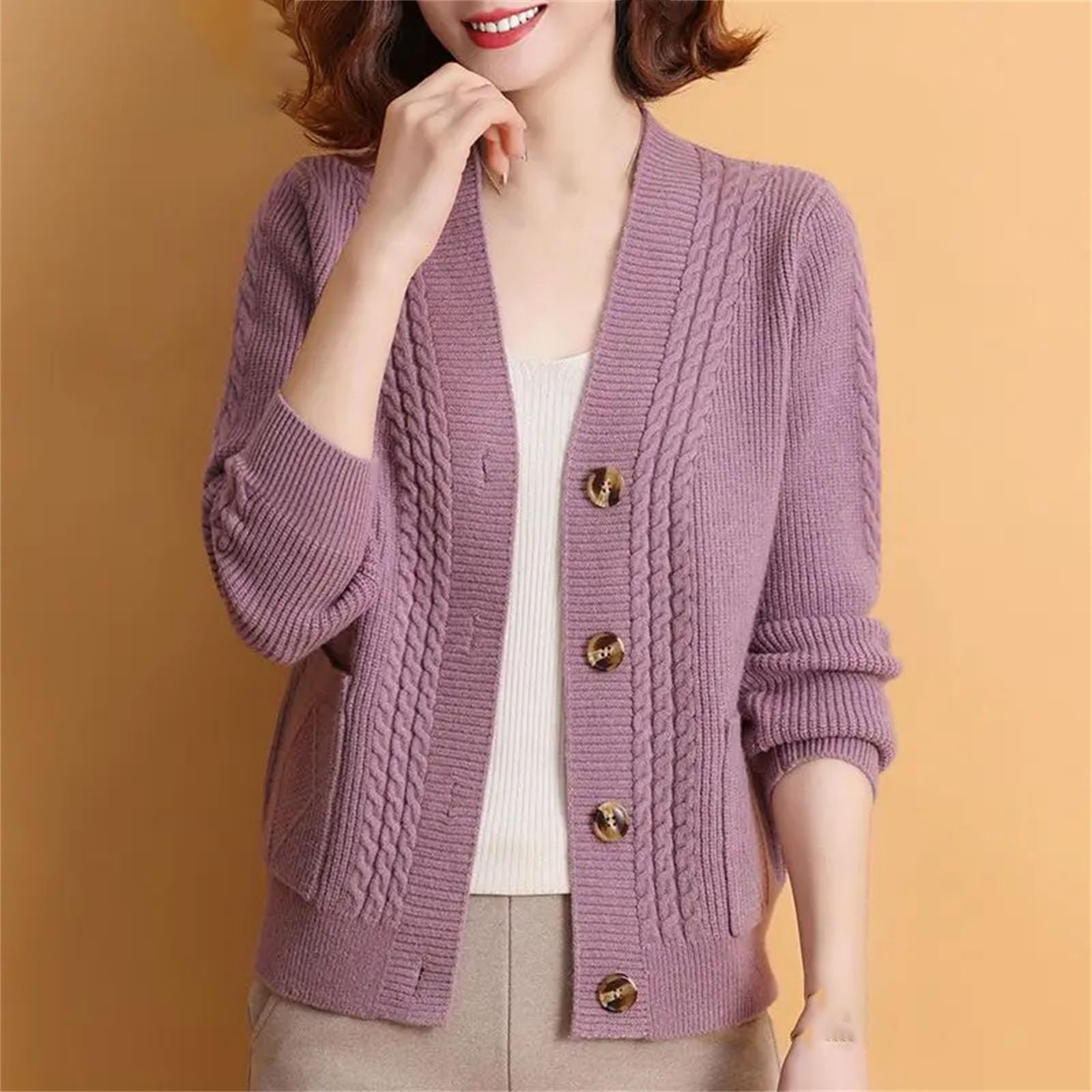 Cárdigan de punto para mujer, casual, manga larga, parte delantera abierta, con botones, a la moda, ropa de abrigo