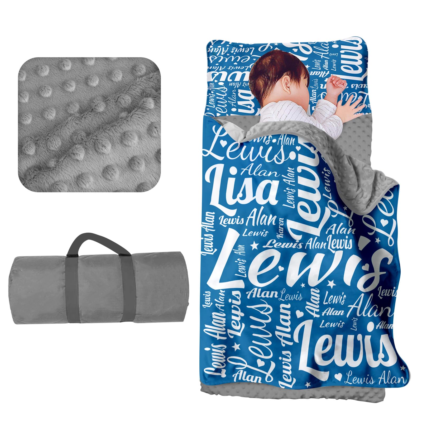 Custom Toddler Nap Mat for Preschool - Personalized Name Kids Nap Mats for Daycare Kindergarten Boys Sleeping Bag with Pillow Blanket Set, Thick Padded Easy Roll Up Blue